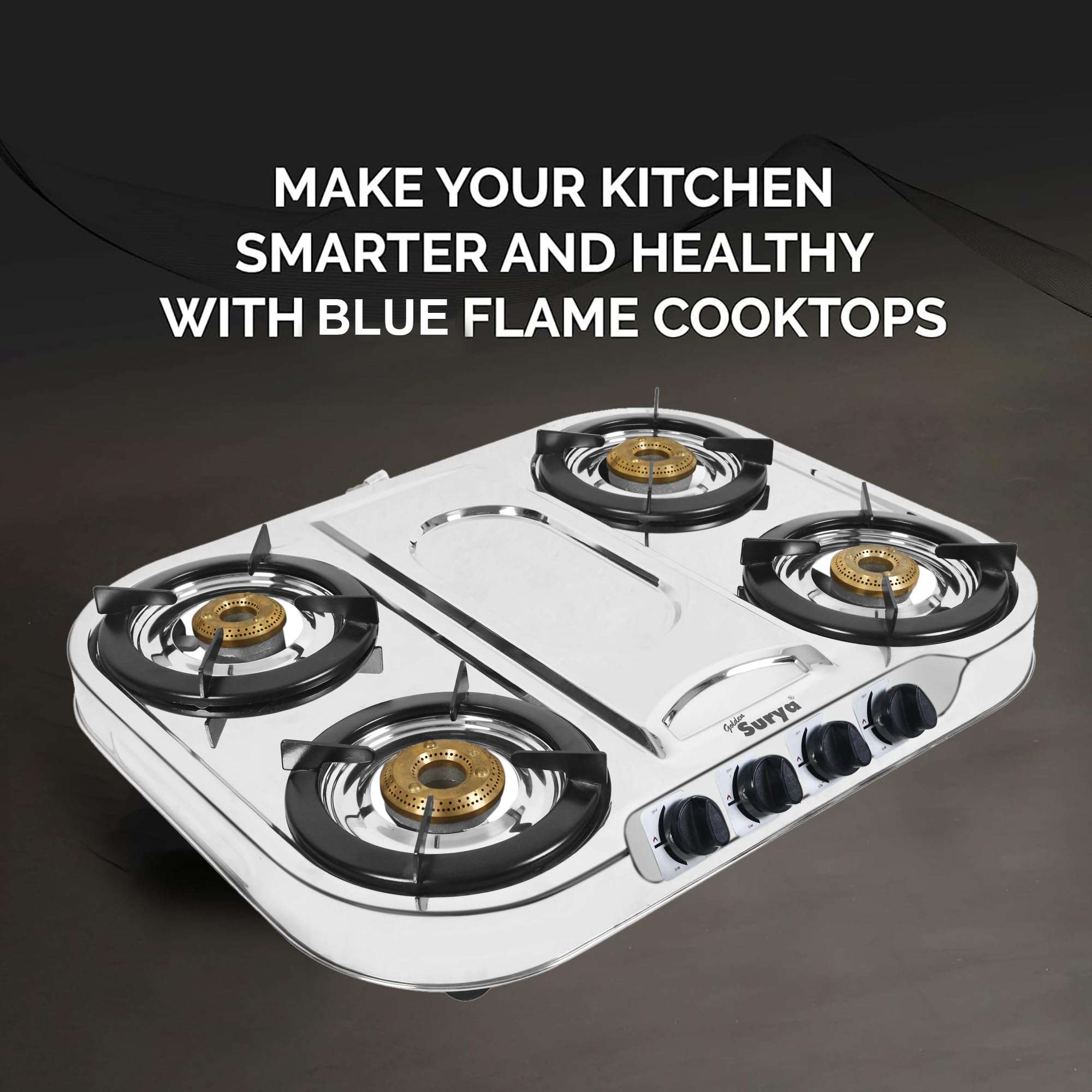 GOLDEN SURYA Classic Premium Stainless Steel Frame, Manual Ignition, 18 Months Warranty, BIS Certified, 4 Burner Gas Stove (Magma) 6