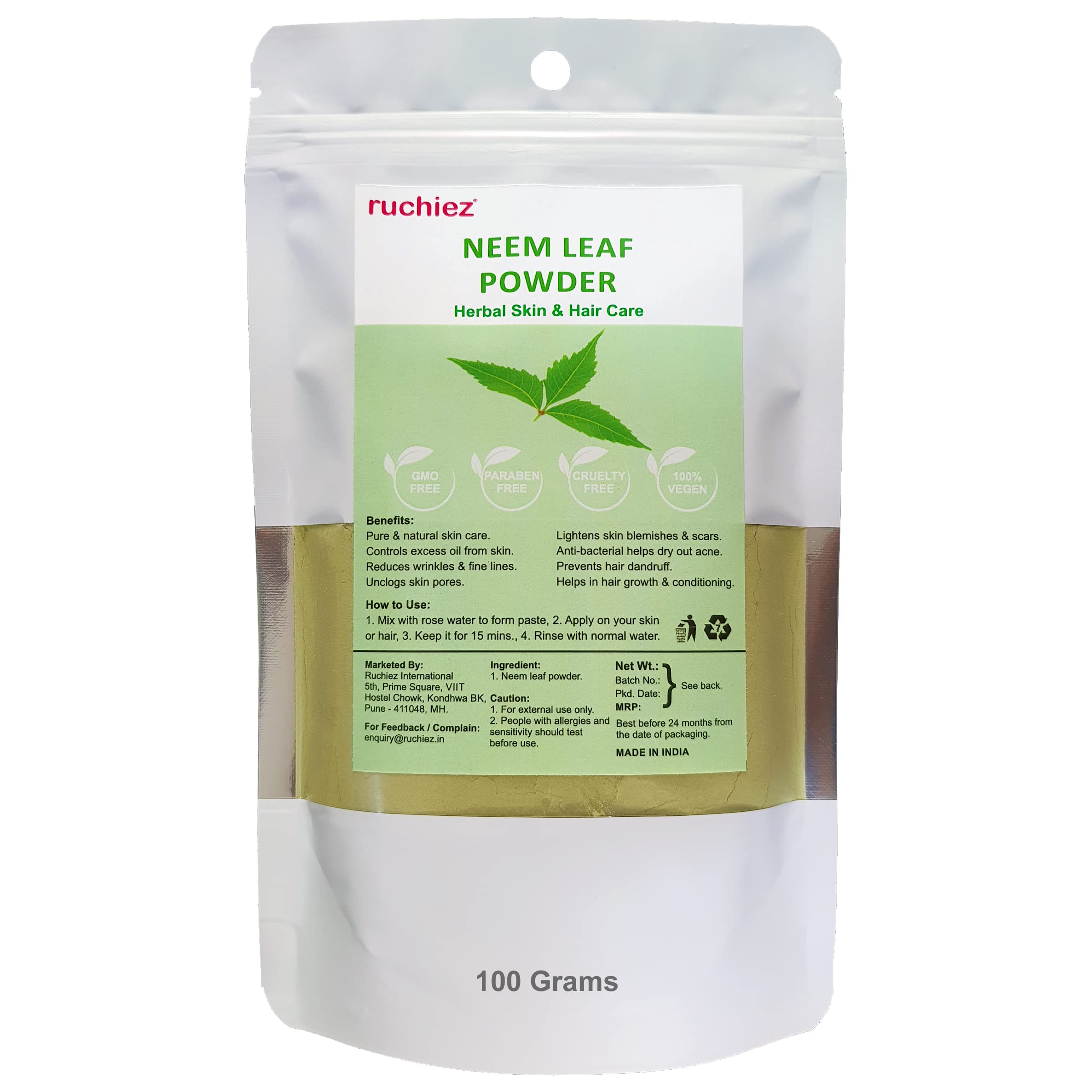 Ruchiez Organic Neem Leaf Face Pack & Hair Care Powder, 100 Gram 1