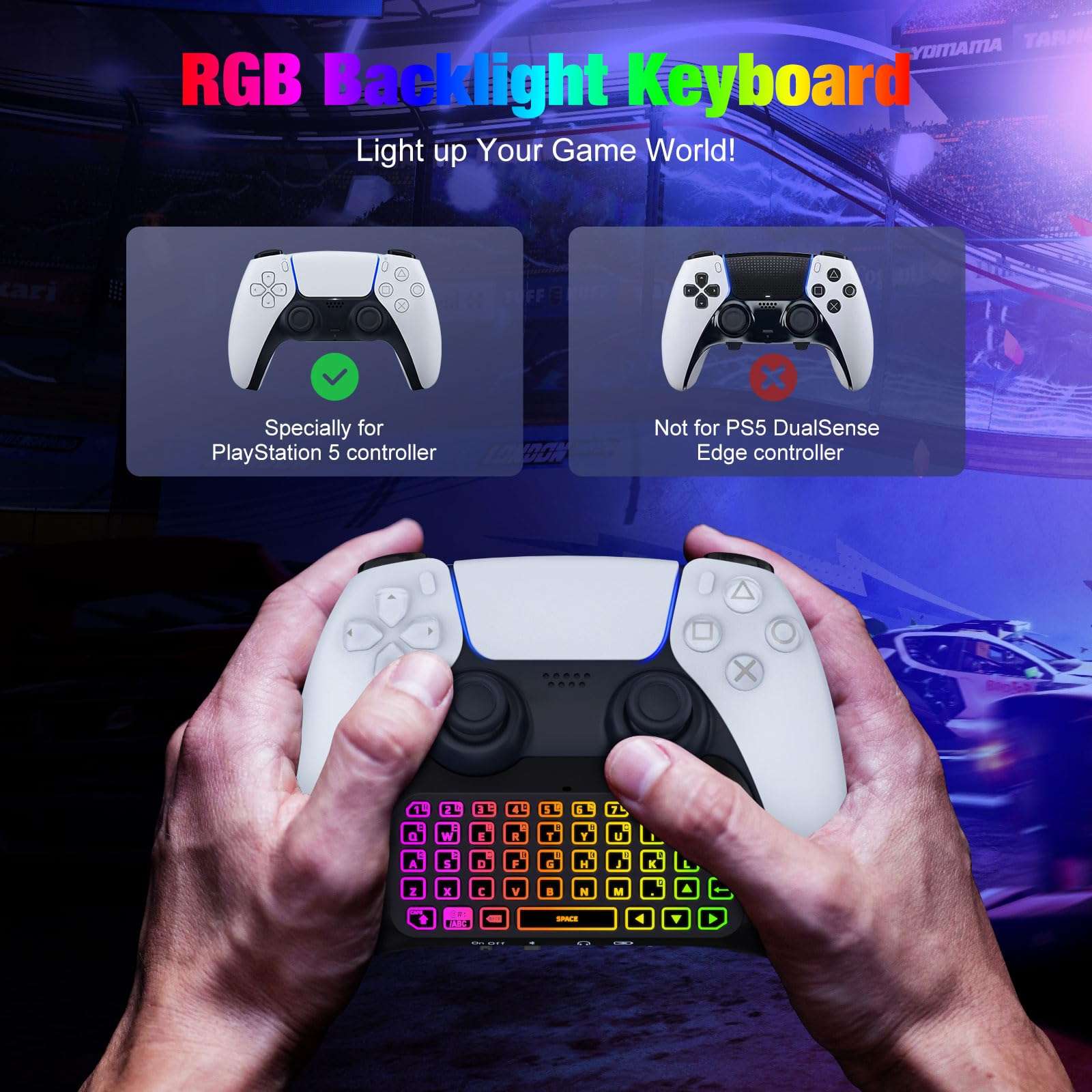 MoKo RGB Backlight Keyboard for PS5 Controller, Bluetooth Wireless Mini Gamepad Chatpad/10M Joystick Protector Ring Sticker Compatible with Steam Deck/PS Portal/ PS5/PS4/Xbox/ROG Ally/Legion Go/8 BitD 3