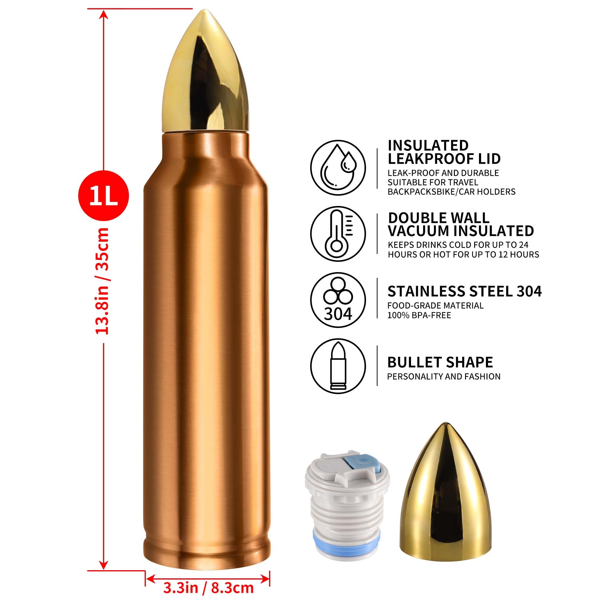 Goetland 304 Stainless Steel 34 oz 1L Bullet Tumbler Water Bottle Vacuum Insulated Cup Travel Mug Flasks No logo Dark Copper 6