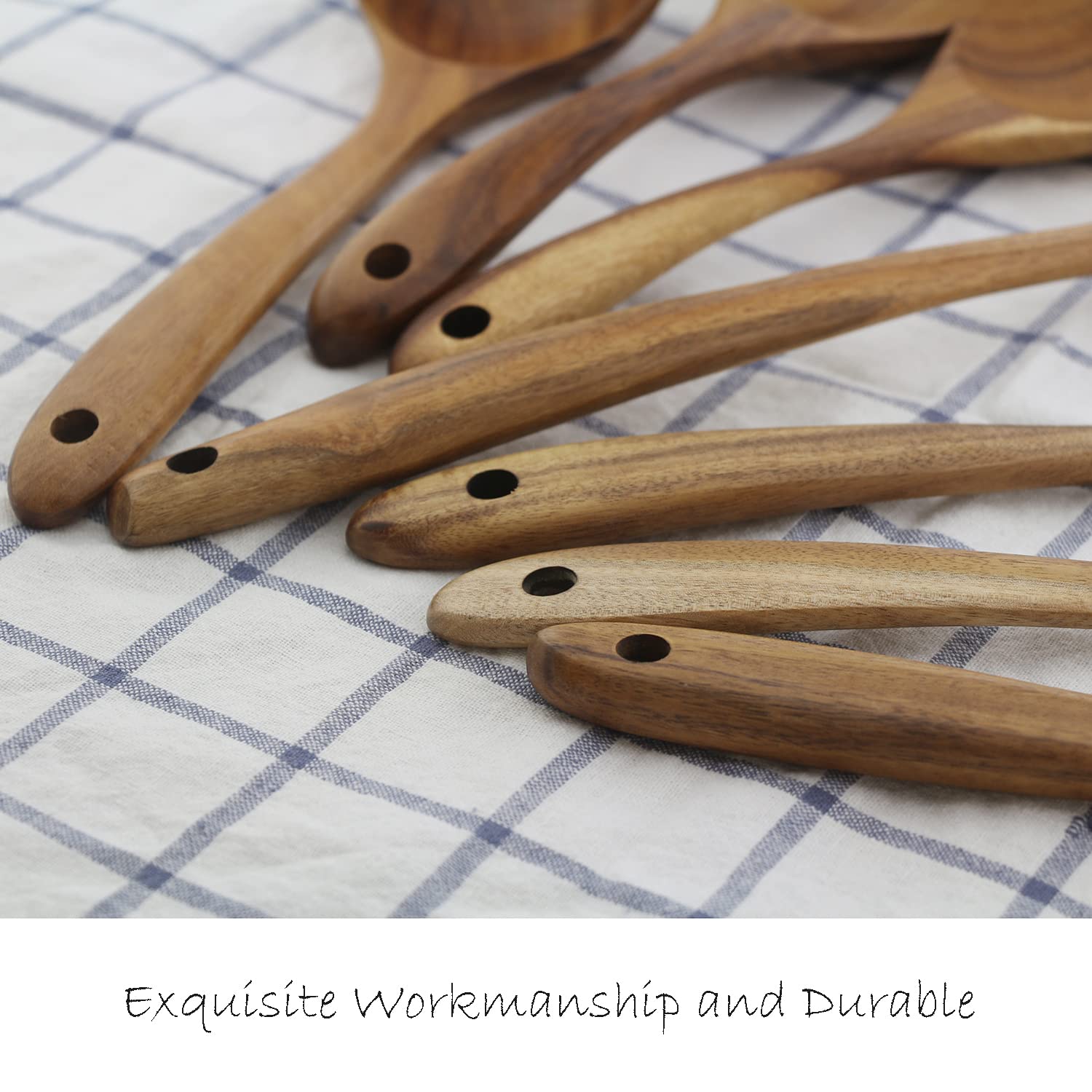 Wooden Spoons for Cooking, ADLORYEA Wood Kitchen Utensils Set, Natural Teak Wooden Cooking Utensils set for Nonstick Cookware, 7-Piece Sturdy Eco-friendly and Healthy Wooden Spatula for Cooking 4