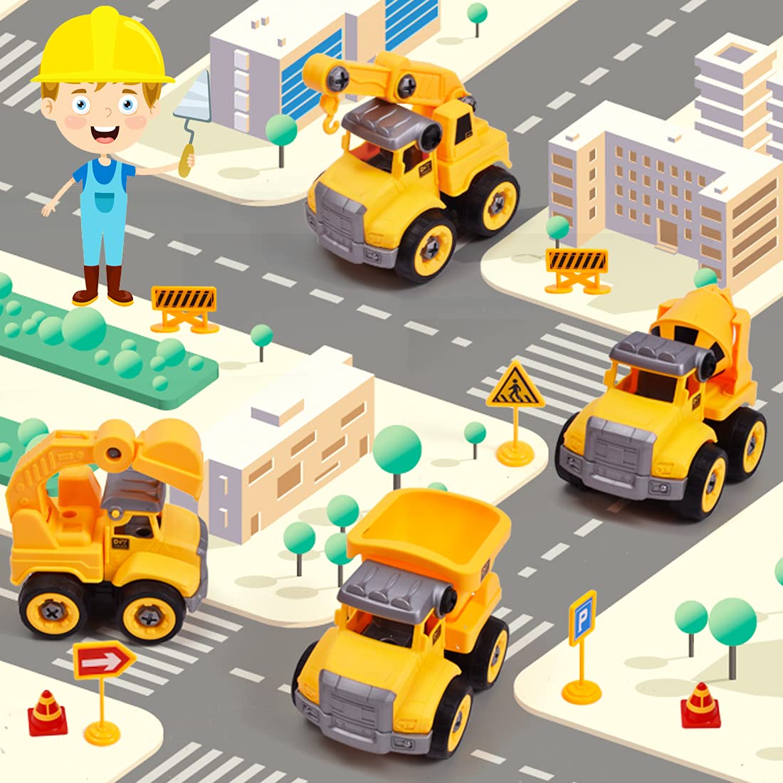 Take Apart Truck Construction Toys with Electric Drill, 4 in 1 Kids STEM Engineering Building PlaySet,Build Excavator,Crane,Truck,Mixer with Construction Hat,Traffic Signs Gift for Boys Kids Aged 3+ 3