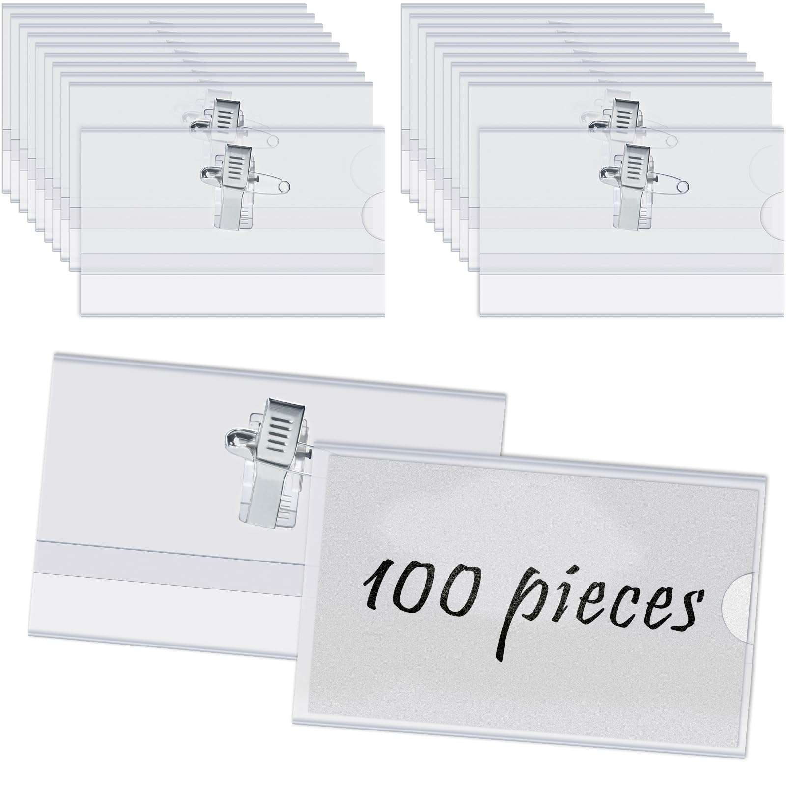 100 PCS Name Badges, Name Badges with Crocodile Clip and Safety Pin, Clear Holders Name Tags with Pins Horizontal ID Card Holder idea for School, Colleges, Offices, Corporate Event 1