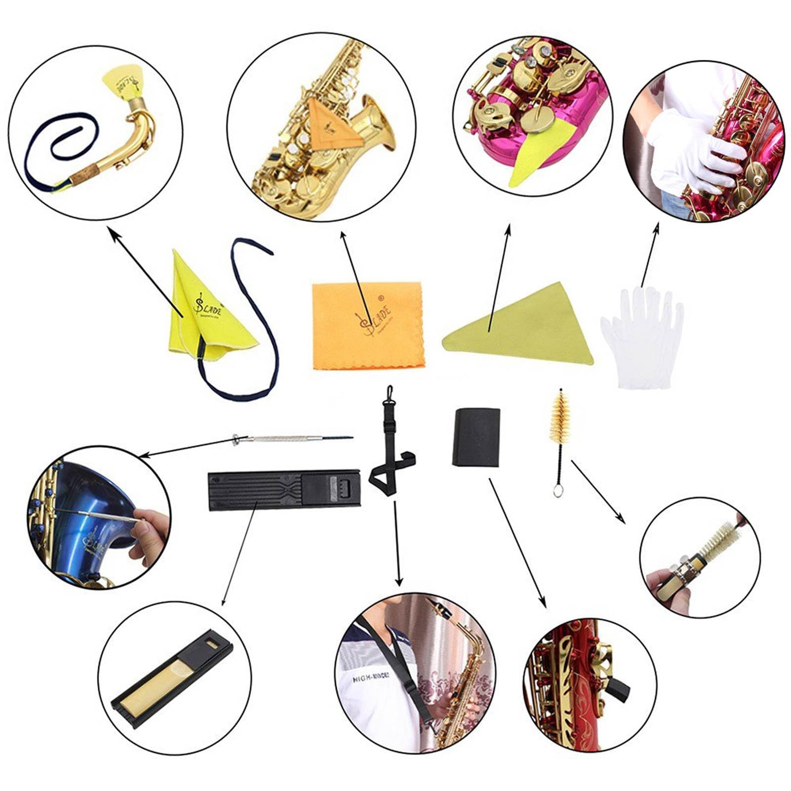 Alto Tenor Soprano Saxophone Cleaning Cloth Kit, Sax Microfiber Cleaning Cotton Cloth with Reed Case & Mouthpiece Brush & Gloves & Neck Strap, Wind Woodwind Clarinet Flute Trumpet Clean Care Swab 5
