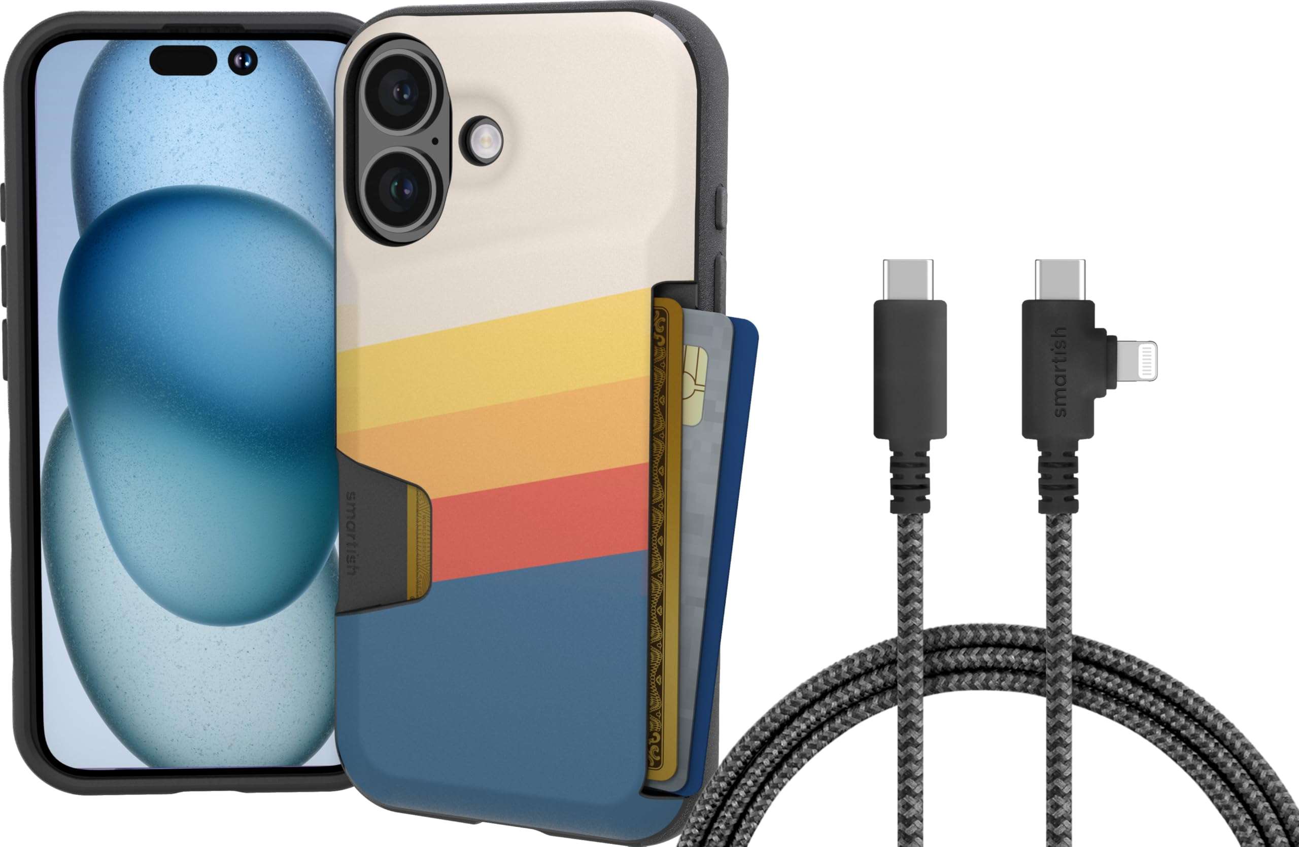 Smartish® iPhone 16 Wallet Case + USB C Lightning Cable Bundle - 6 Foot Fabric Wrapped Fast Charging Cable for Apple iPhone 16 1