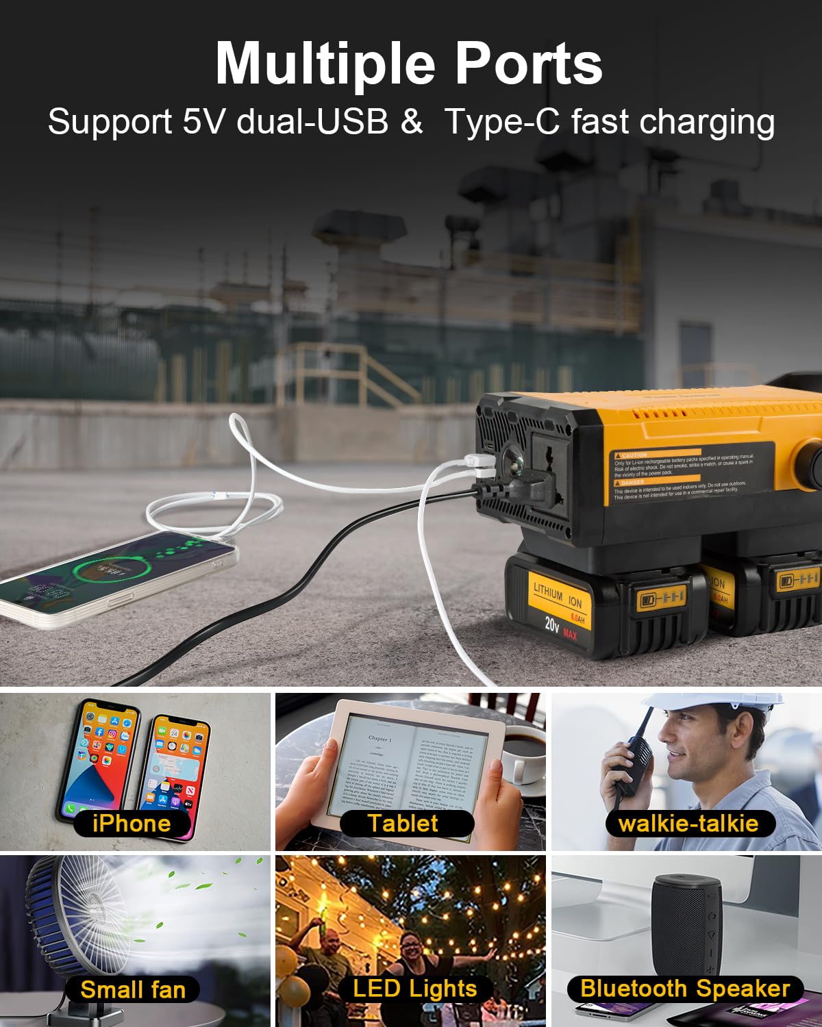 Amityke Upgrade 300W Portable Power Supply Inverter Compatible with 2 Pack 20V Battery 6.0A, DC 20V to AC 110V~120V Modified Sine Wave Power Inverter with AC Outlet and Dual USB Yellow 5