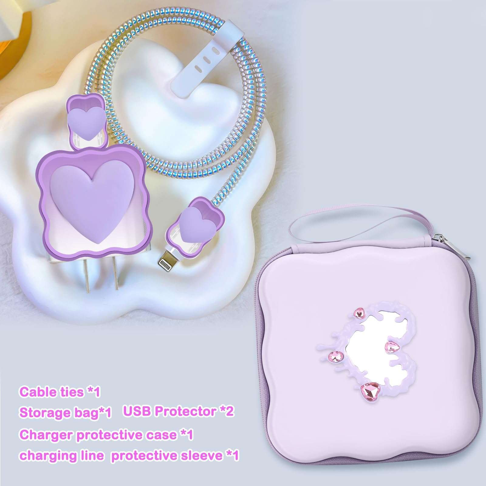CameCosy Phone Charger Case Storage Set with Cable Protector for iPhone Charger, Heart-Shaped Mirror Design, Wave Travel Storage Bag, Earphone Wire Saver Cable Organizer Soft Cable Protector (Purple) 5