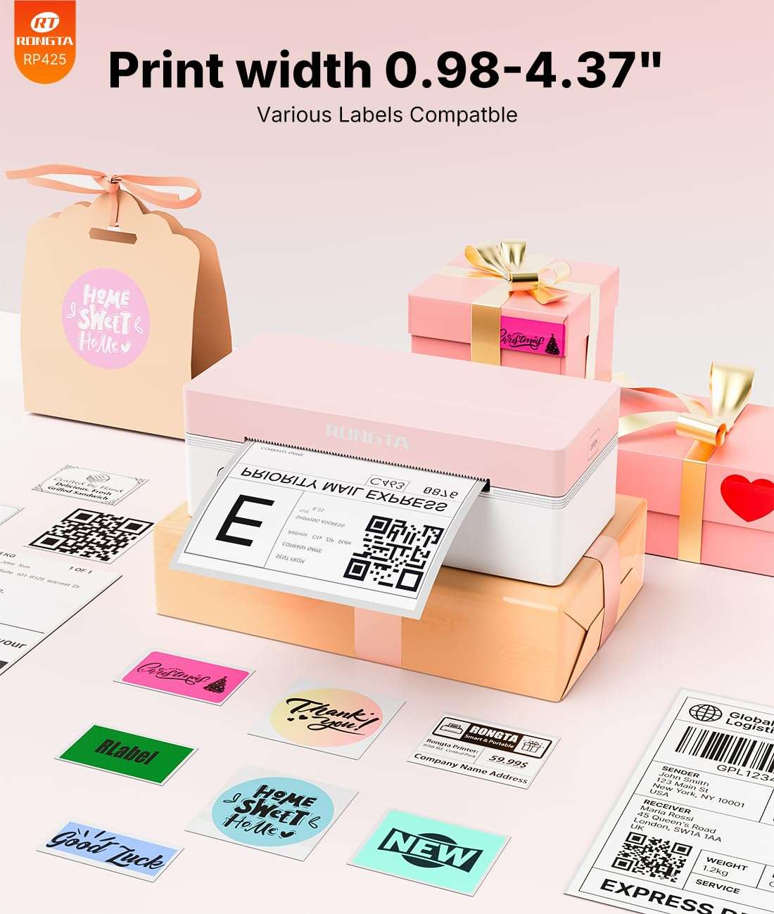 Rongta 4x6 Bluetooth Thermal Label Printer, Wireless Shipping Label Printers for Shipping Packages Small Business Office or Home, Compatible with iPhone Android iPad macOS Windows, Pink 5