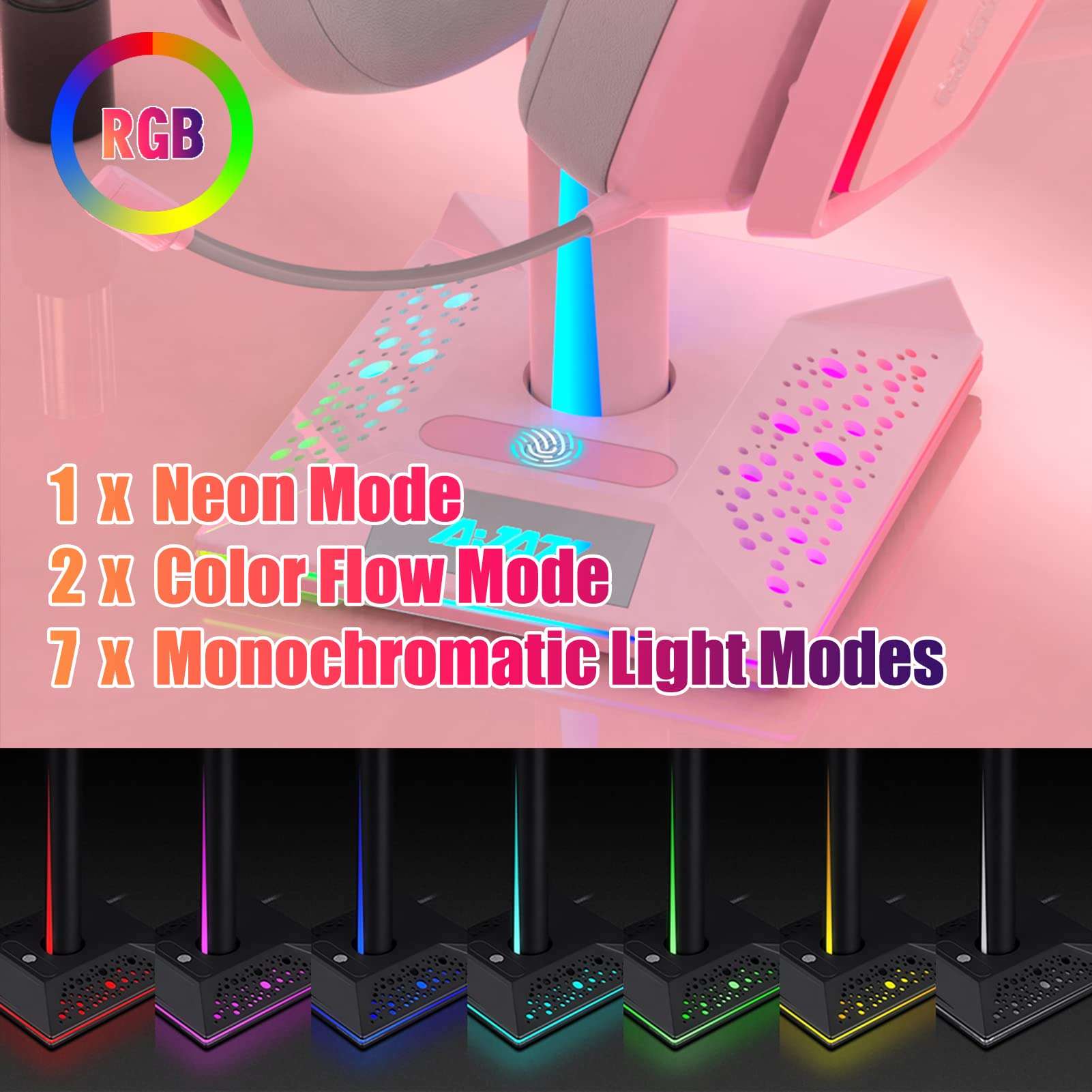 AJAZZ EB01 RGB Headphone Stand with 2 USB Ports and 3.5mm AUX, 14 RGB Lighting Effects, Desk Gaming Headset Holder Hanger Rack (Black) 5
