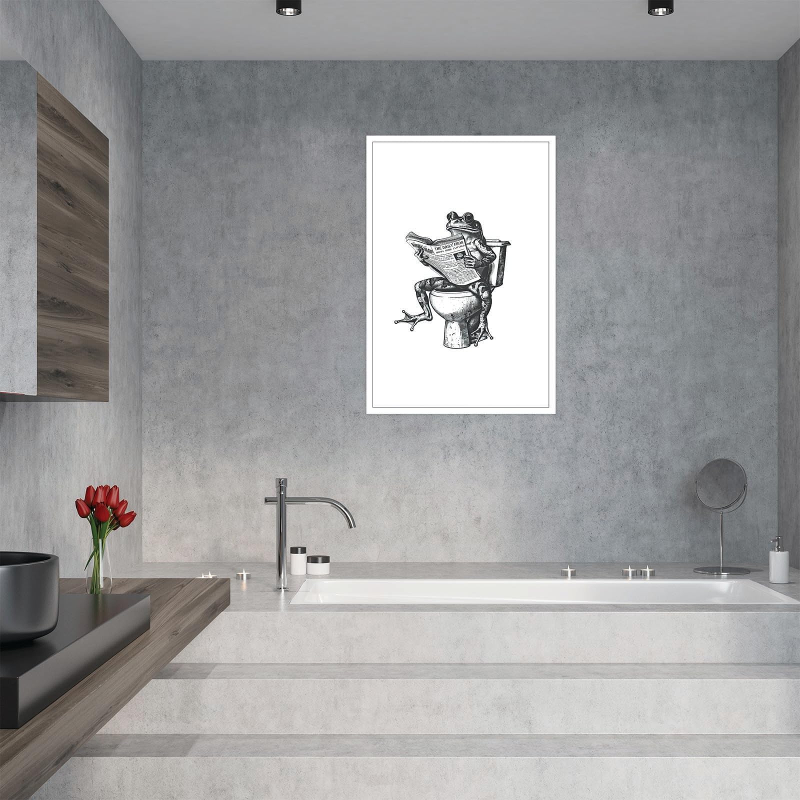 Generic Funny Frog Wall Art - Retro Frog on Toilet Reading Newspaper - Canvas Art Print - Black and White - 8x12 Inch - Unframed - Bathroom Decor 5