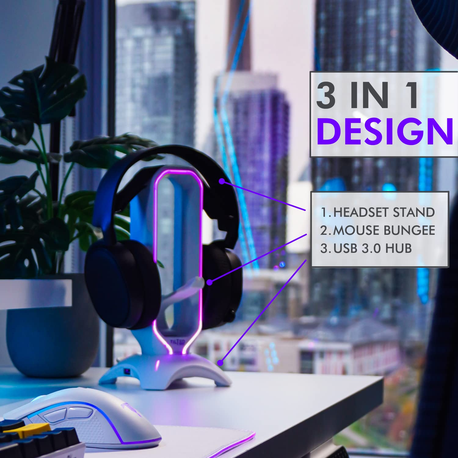 Tilted Nation Gaming Headphone Stand | RGB Headset Stand White | Headset Holder for Desk with Mouse Bungee and USB Hub | The Ultimate Gaming Accessories for Gamers for PS5, Xbox, PC - White 2
