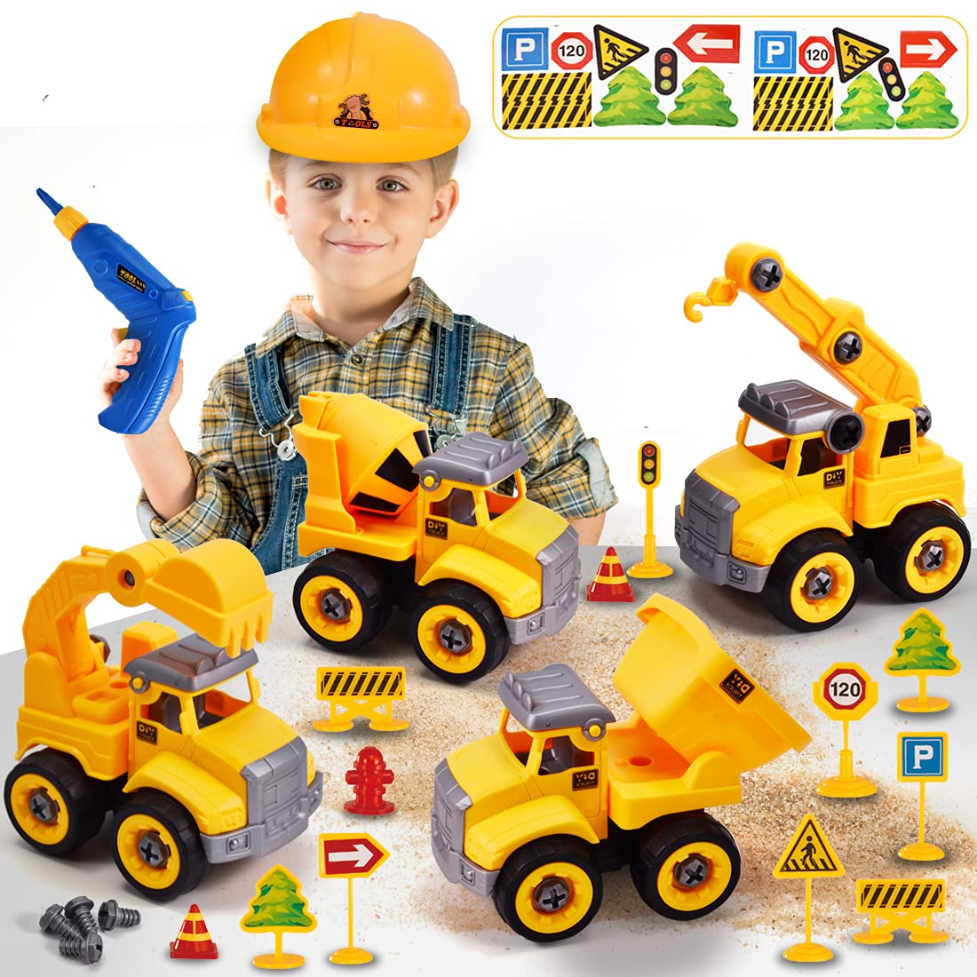 Take Apart Truck Construction Toys with Electric Drill, 4 in 1 Kids STEM Engineering Building PlaySet,Build Excavator,Crane,Truck,Mixer with Construction Hat,Traffic Signs Gift for Boys Kids Aged 3+ 1