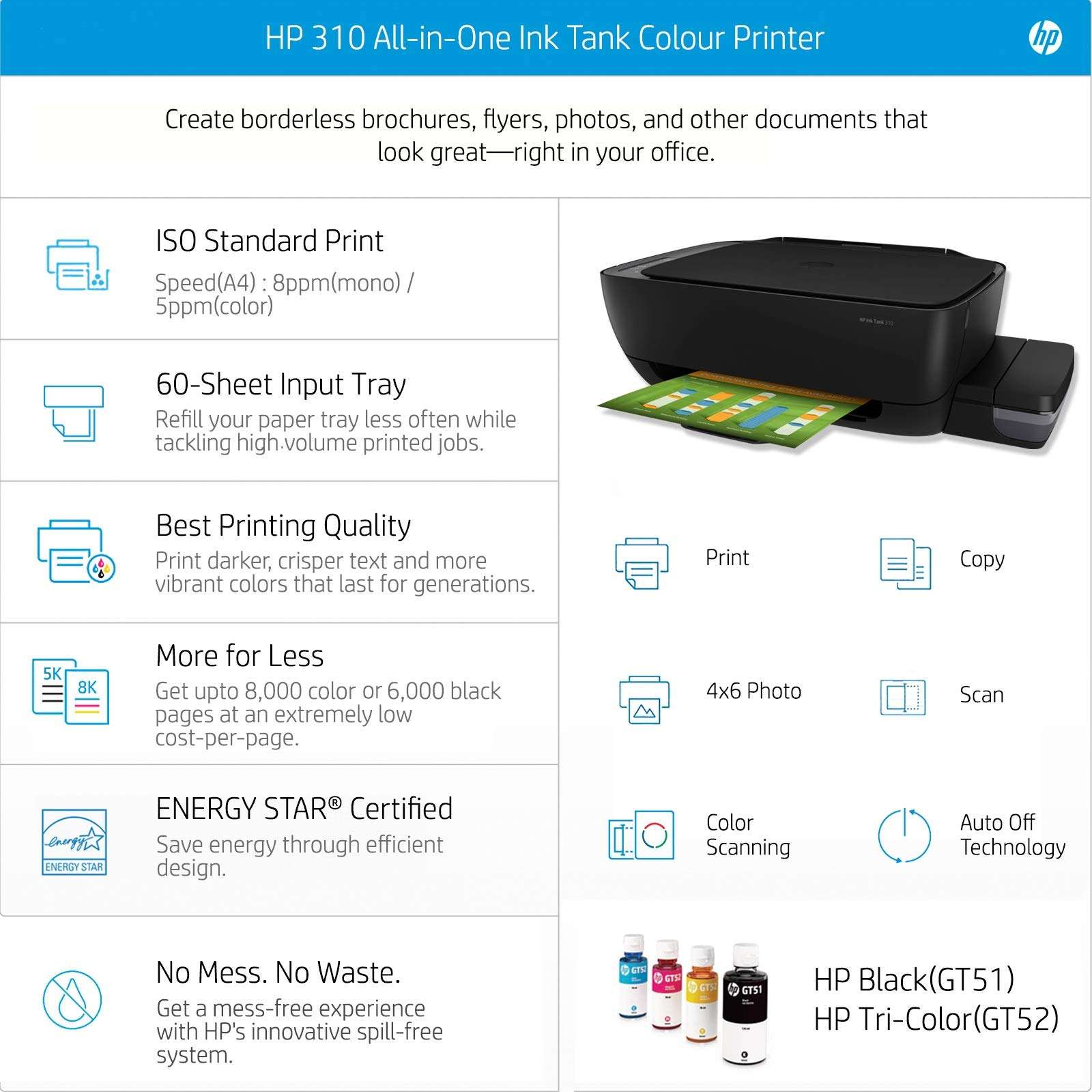 HP Ink Tank 310 Colour Printer, Scanner and Copier for Home/Office, High Capacity Tank (4000 Black and 8000 Colour Pages), Low Cost per Page (10p for B/W and 20p for Colour), Borderless Print 4