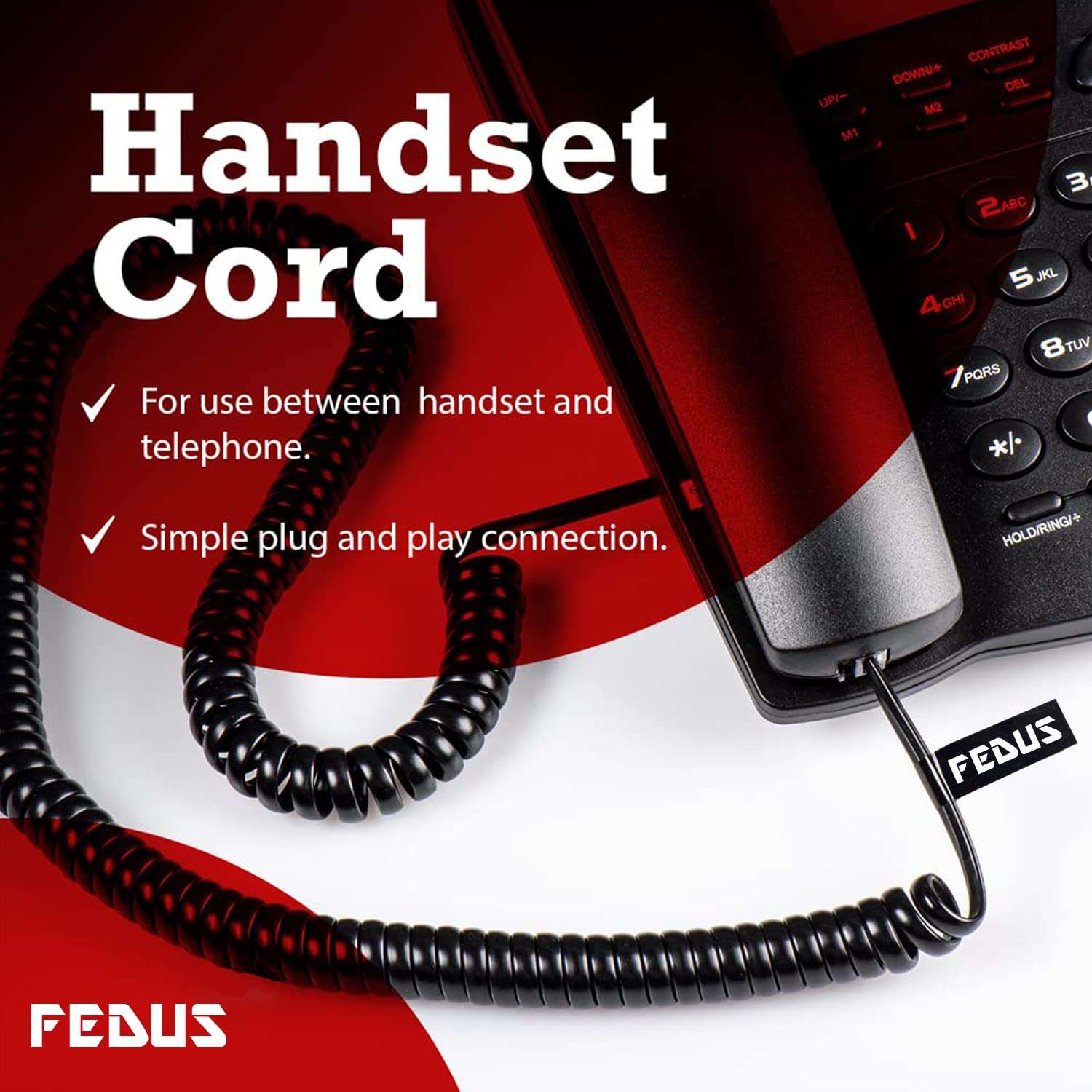FEDUS 6.5ft Black Telephone Extension Coil Cable Cord 2 Meter Pack 1 4