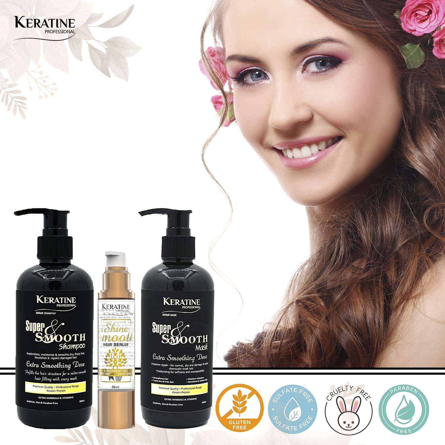 KERATINE PROFESSIONAL Keratin Super Smooth Repair Hair Shampoo, Mask (300 ml) & (50ml) Serum | Infused with Keratin, Collagen & Argon Oil | for Dry Damaged & Color Treated Hair | Made in India 5