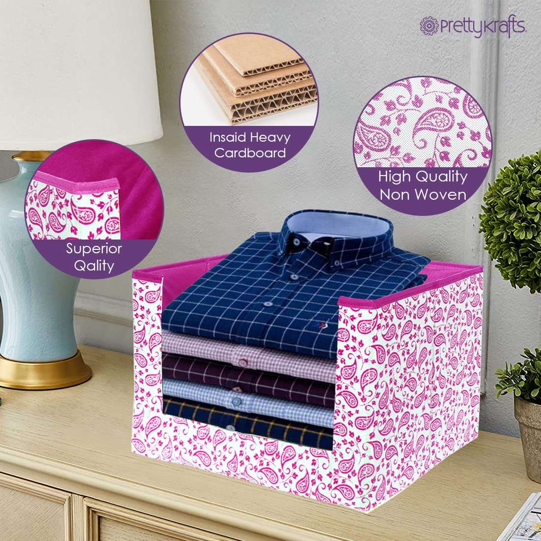 PrettyKrafts Saree Stacker, Foldable, Wardrobe organizer, Clothes Storage, Stackable and Foldable Pink Leaves, Set of 2 5