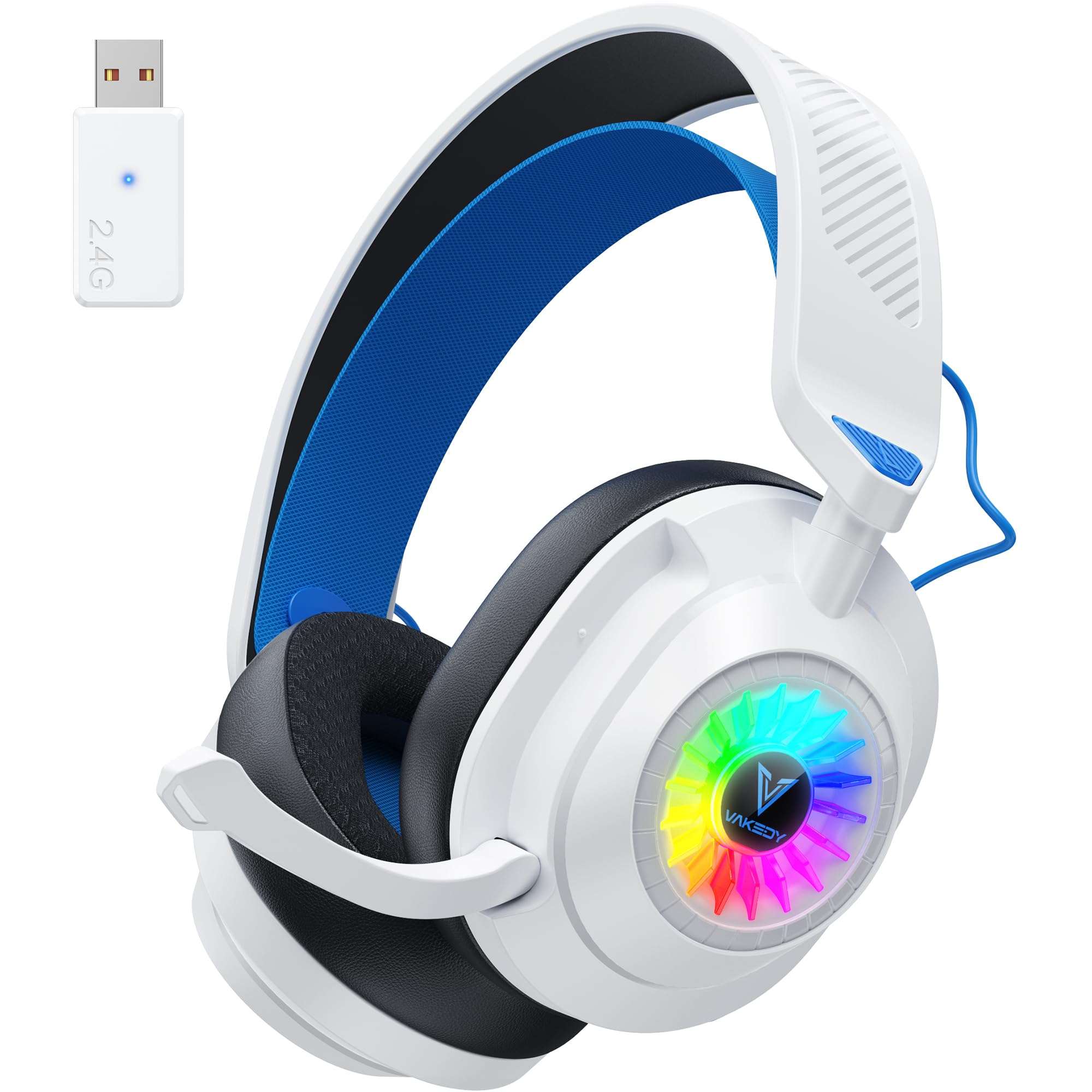 Vakedy HW10 Wireless Gaming Headset for PS5,PS4,PC,2.4GHz Bluetooth Gaming Headphones with Noise Cancelling Microphone,50Hr Battery Gamer Headset for Switch, Laptop,Mobile,Mac,Cool RGB (White/Blue) 1