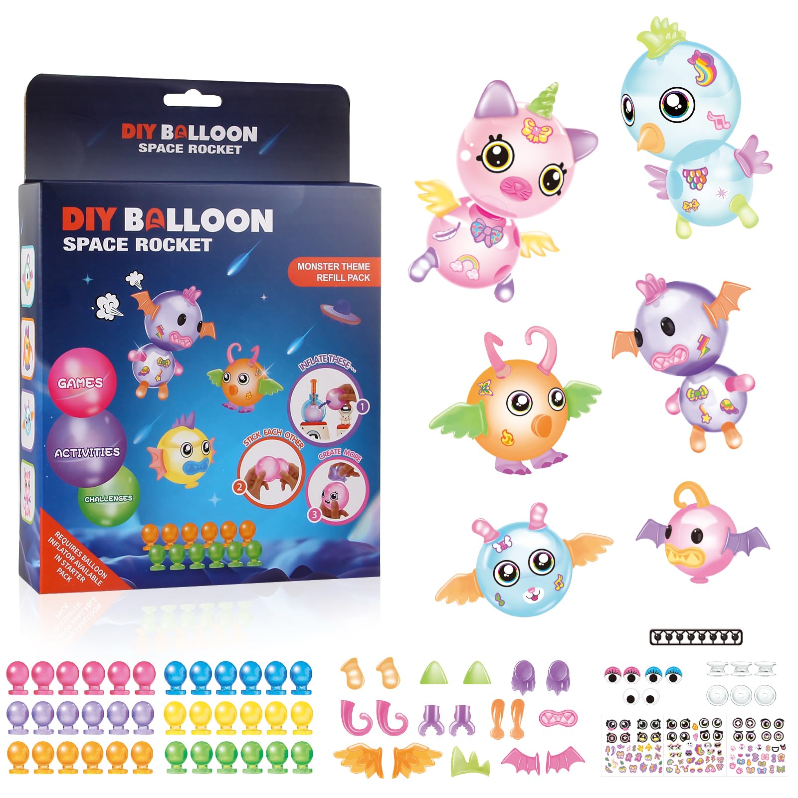 nicknack 170pcs DIY Balloons Accessories Kit for Kids,DIY Sticky Balloon Maker Toy Craft Kits for Kids,36pcs Magic Bouncy Balloon Refill Kit with Stickers Accessories,Toy Gift for Boys Girls Ages 3-12 3