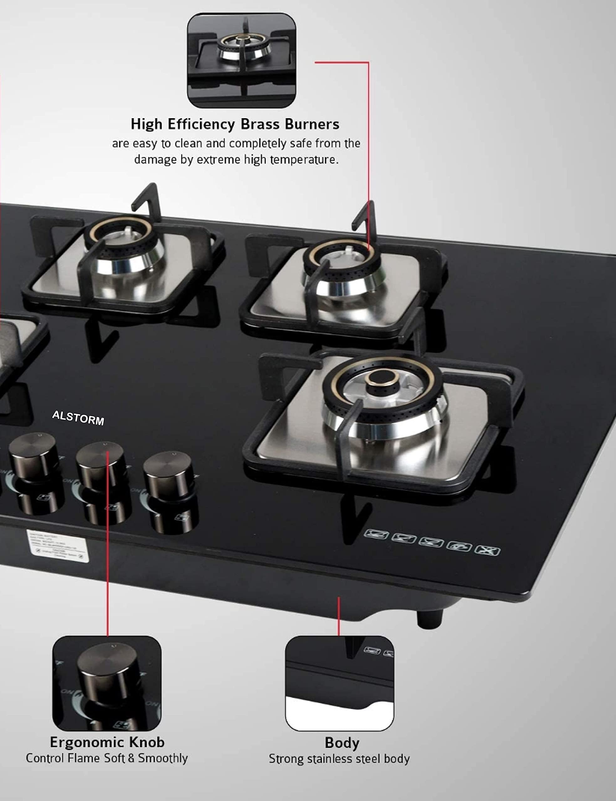 Alstorm Brio Allen Hob 4 Burner Auto Ignition Gas Stove (Brio-Allen 4BNR, Brass Gas Hob) 4