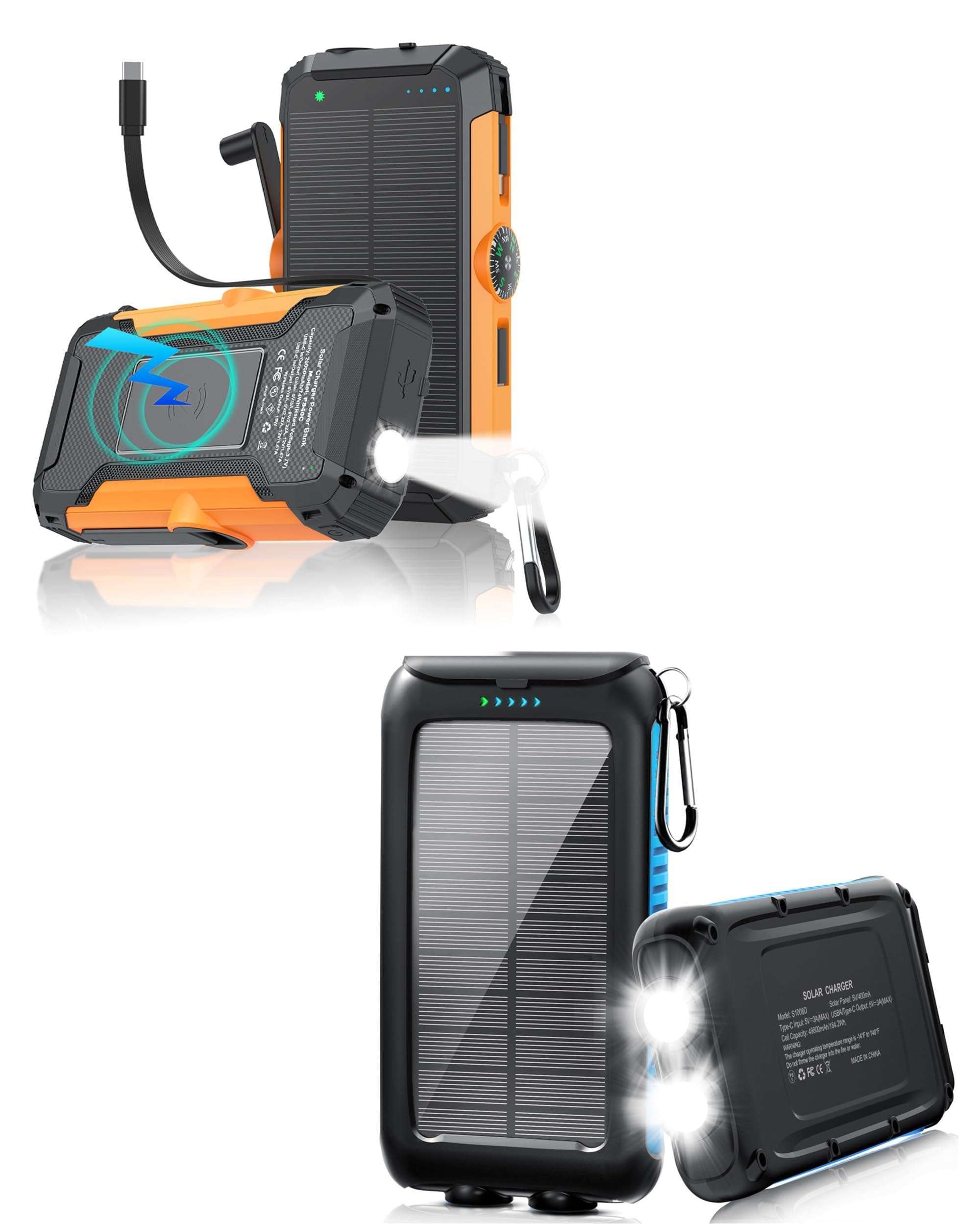2 Pack, Solar Power Bank 20000mAh Wireless Portable Charger with Hand Crank and Retractable Cables +Solar Charger 49800mAh with USB C Input/Output/LED Flashlights Compatible with iPhone, Samsung, iPad 1