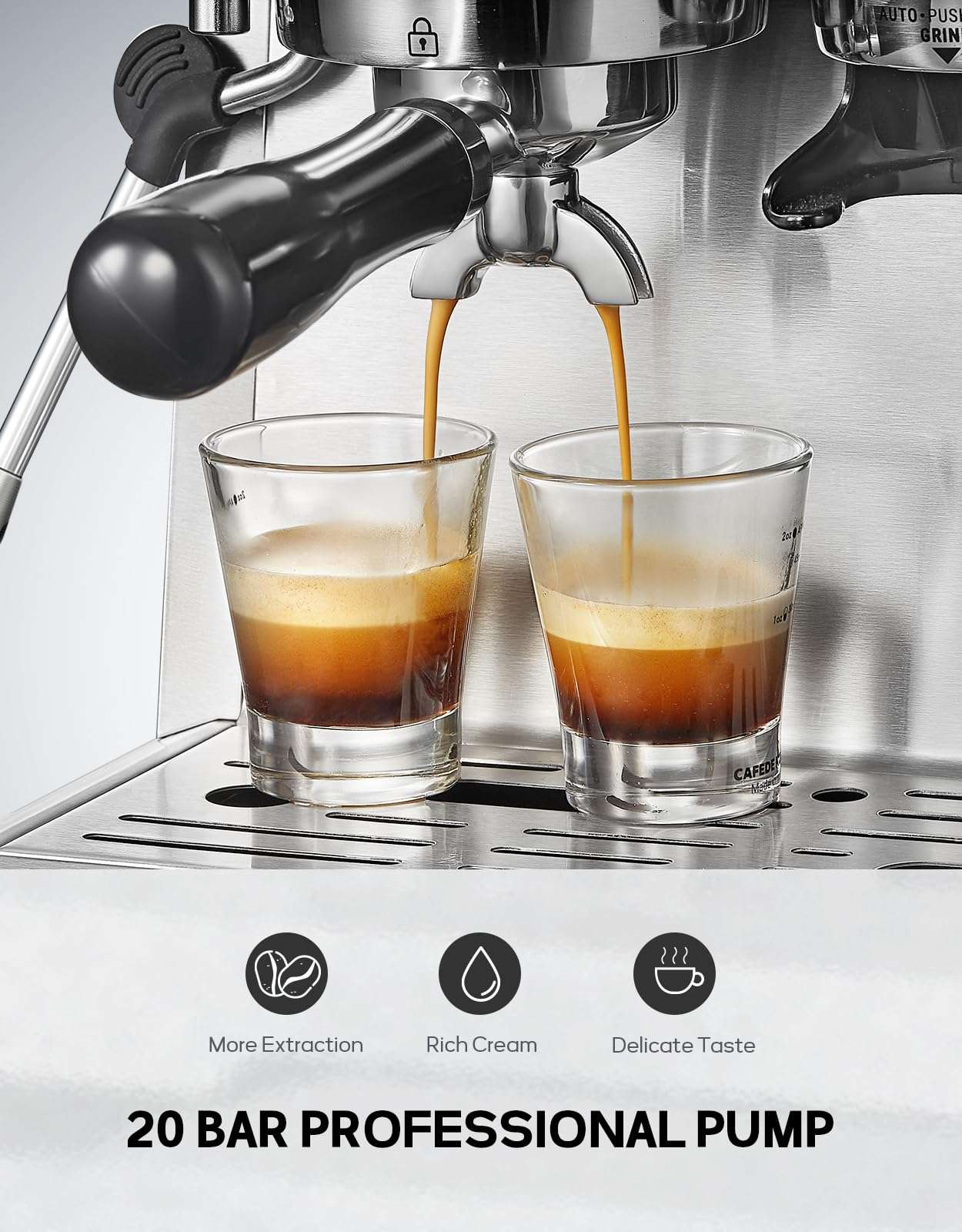 Ihomekee Espresso Coffee Maker With Grinder, 20 Bar Semi-Automatic Espresso Machine With Milk Frother Steam Wand, Professional Cappuccino Latte Machine For Home, Office, Brushed Stainless Steel 4