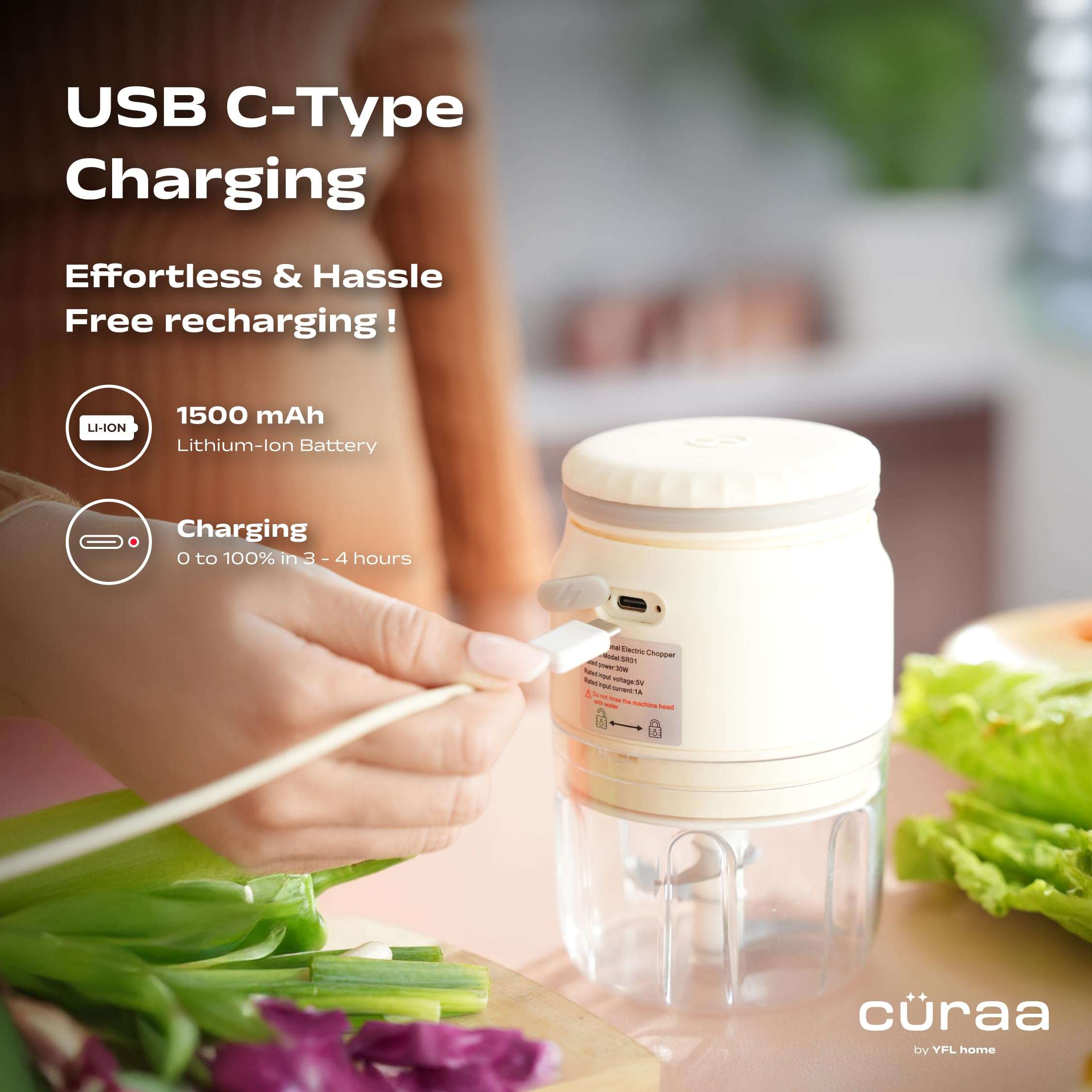 Cüraa ChopLab Neo, Mini Electric Chopper for Kitchen | Portable Food Processor with Stainless Steel Blade | Rechargeable, Ideal for Mincing Garlic, Ginger, Onion, Vegetable & Nuts 250 ml 4