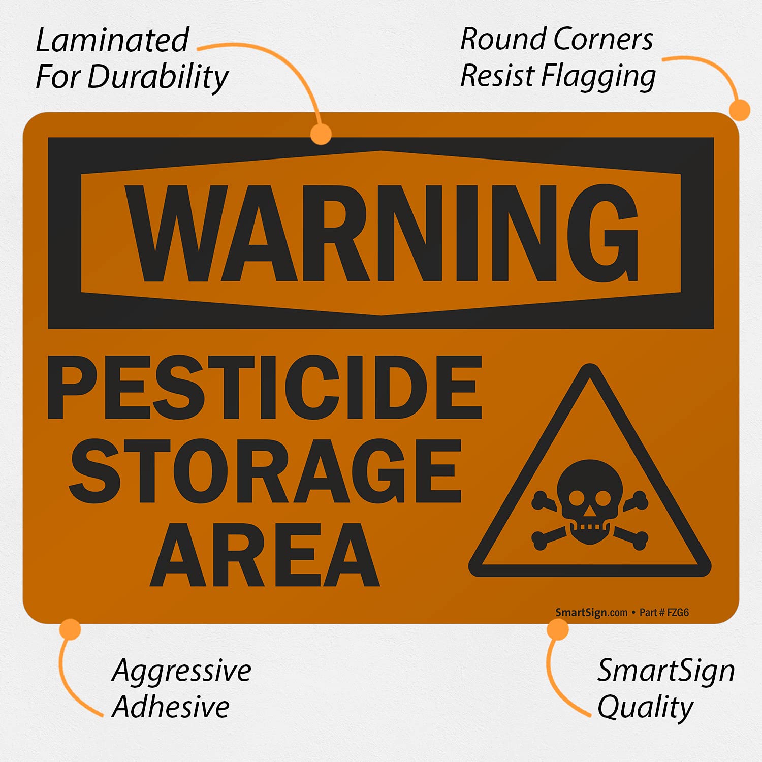 SmartSign 5 x 7 inch “Warning - Pesticide Storage Area” OSHA Label with Graphic, 3 mil Laminated Adhesive Polyester, Orange and Black 5