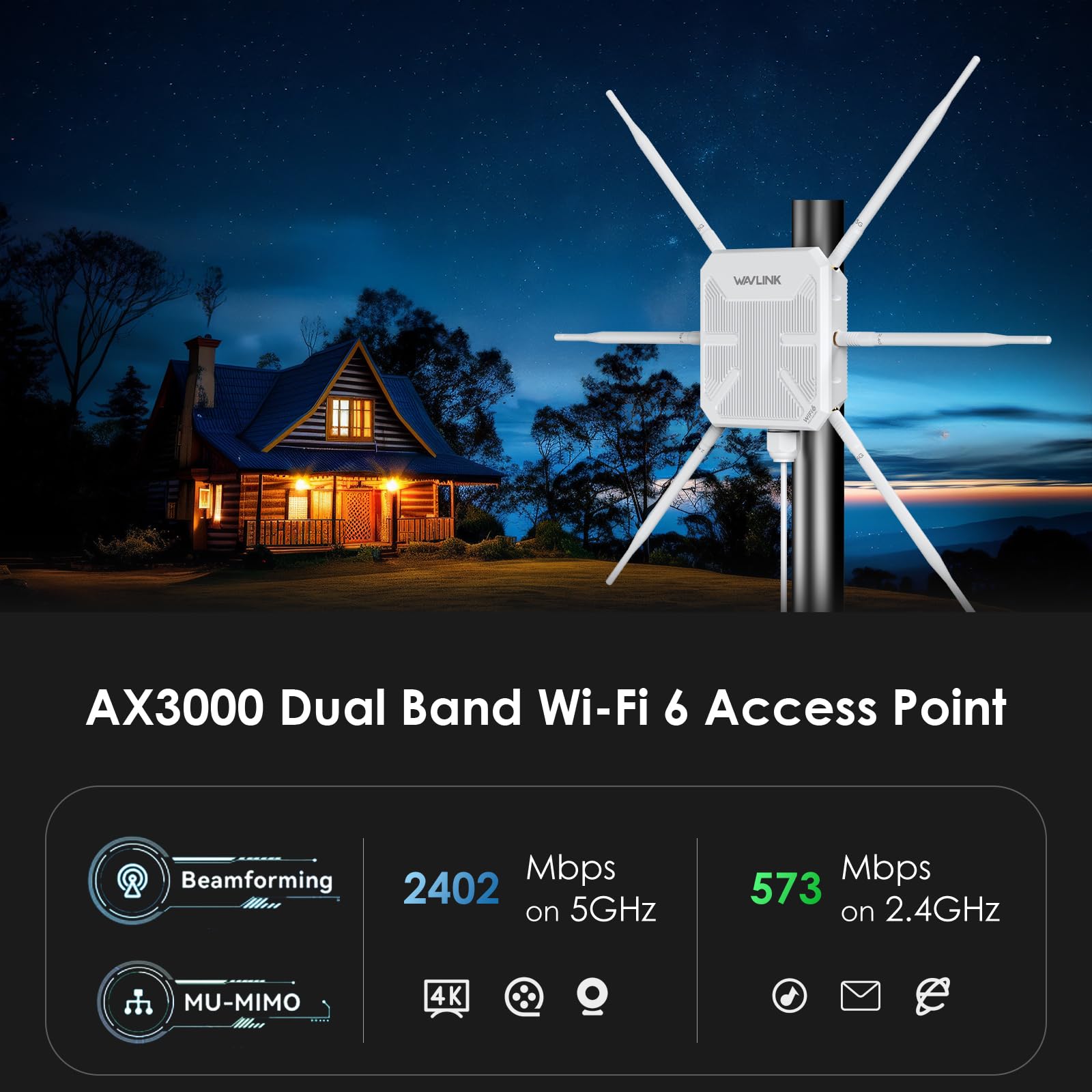 WAVLINK AX3000 WiFi 6 Outdoor Access Point with PoE, 2024 Dual Band 2.4G+5G Long Range Outdoor WiFi Mesh Extender, 6x7dBi High-gain Antennas, IP67 Weatherproof, WiFi Signal Booster Amplifier 3