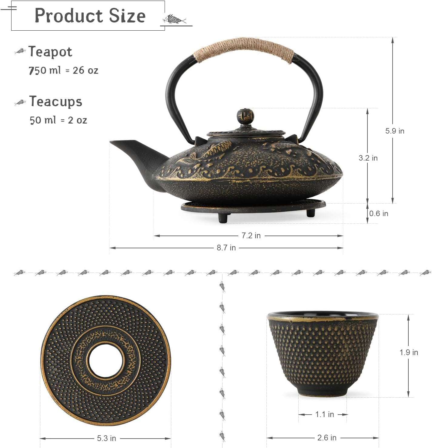 Mokshith Cast Iron Teapot Set, 26 oz/750 ml Japanese Style Teapot with Infuser and Warmer, Tea Pot | Tea Kettle Coated with Enameled Interior, Large Cast Iron Kettle, Iron cast Teapot Warmer (MO -03) 3