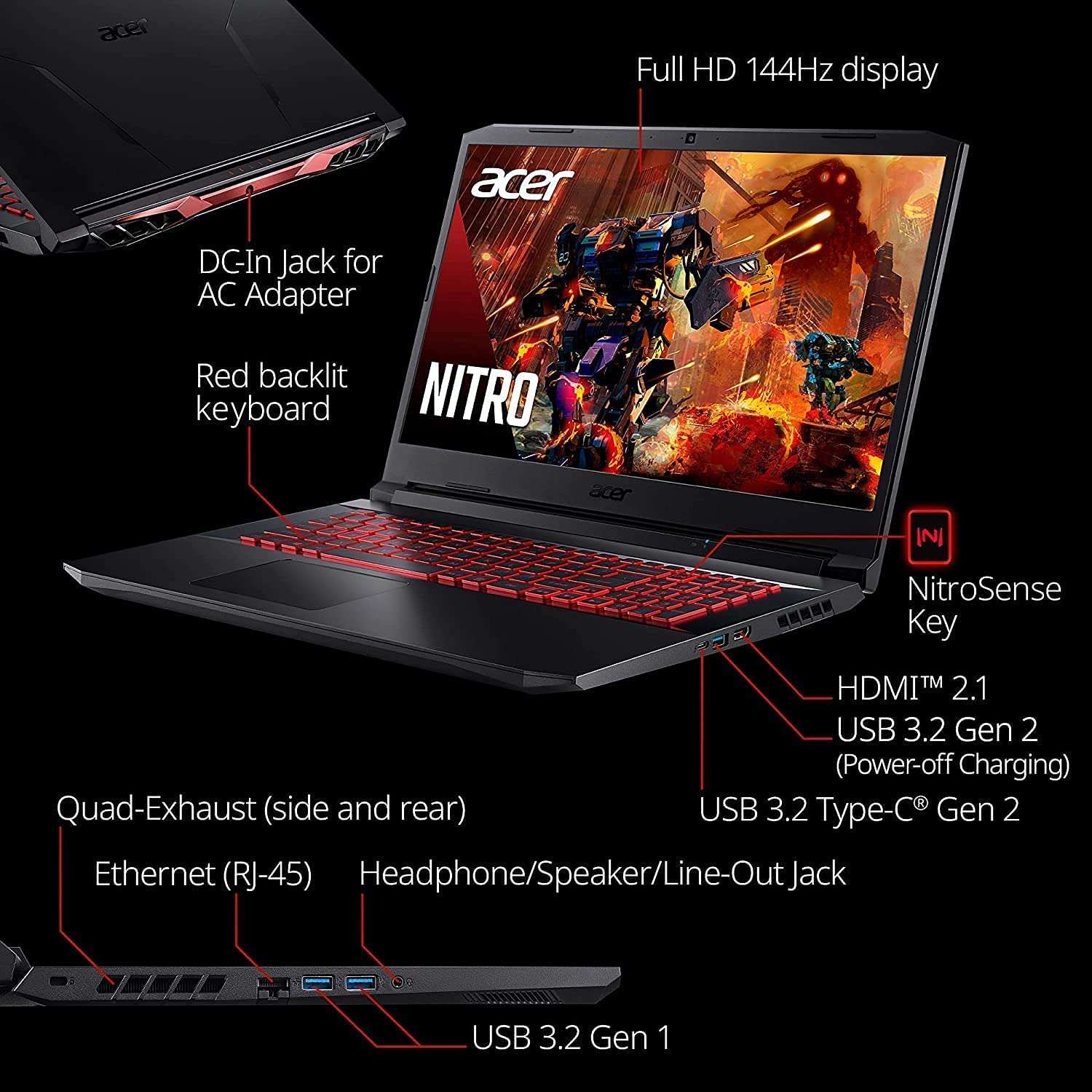 Acer 2022 Newest Nitro 5 Gaming Laptop, 15.6" FHD 144Hz IPS-Display, Intel Core i7-11800H, NVIDIA GeForce RTX 3050 Ti, 16GB DDR4, 1TB SSD, Backlit KB, Killer Wi-Fi 6, Windows 11, Black 3