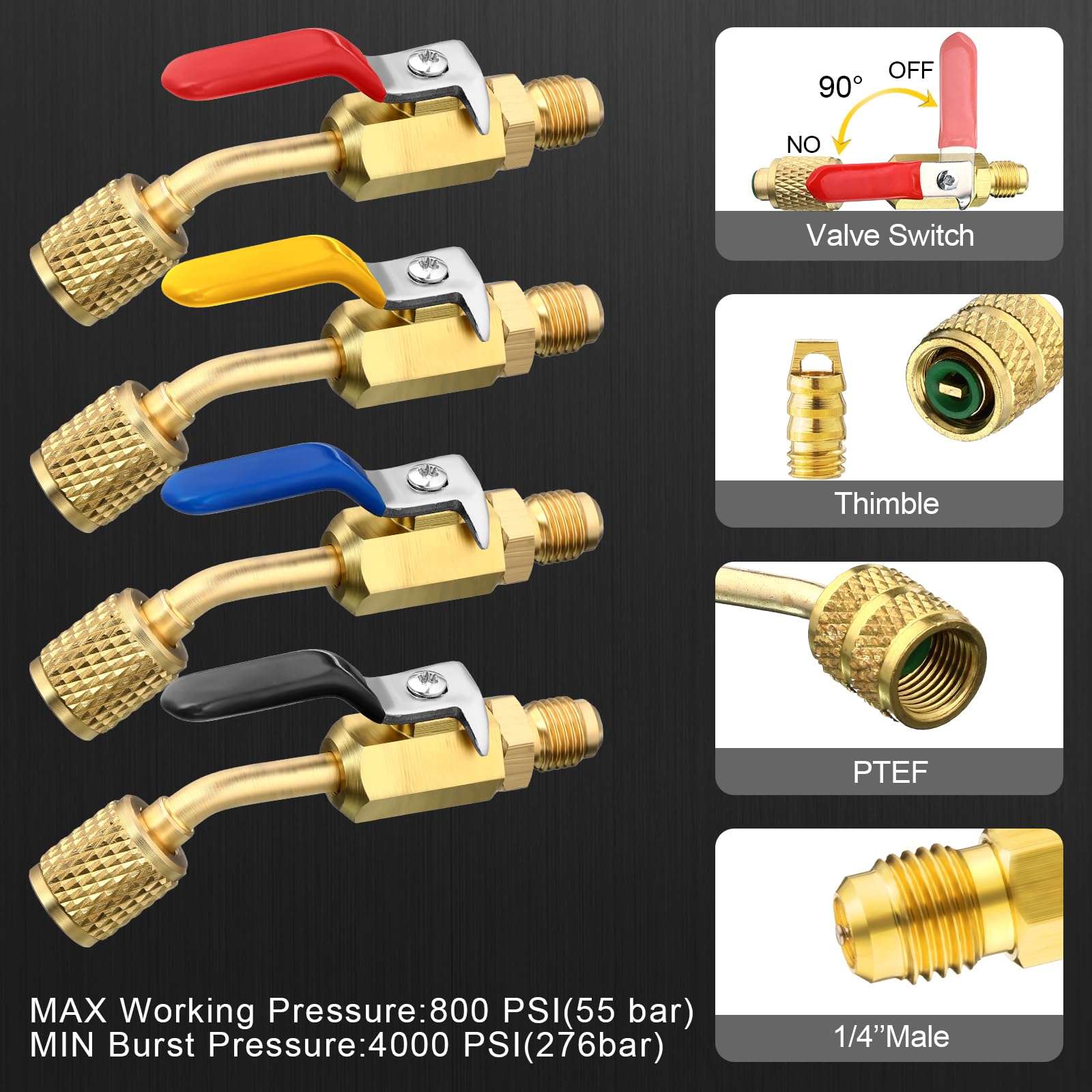 Mudder 10 Pcs Air Conditioning Refrigerant Compact Ball Valve 1/4 Inch Compatible with HVAC Adapter R410A R134A R12 R22 5/16inch Female to 1/4inch Male Flare (4 Angle Ball Valve, 6 Adapter) 4
