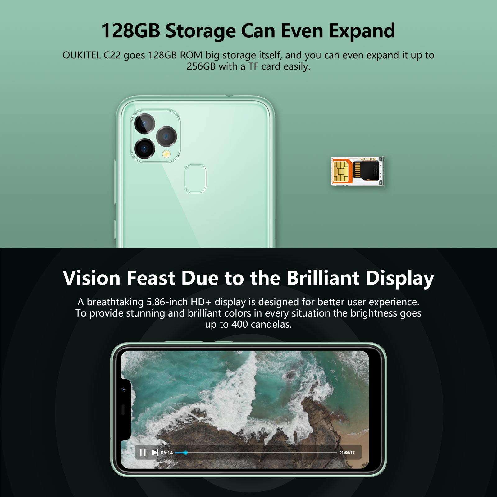 OUKITEL Smartphones Unlocked, C22 Unlocked Cell Phone 128GB+4GB, 4000mAh Battery, 5.86inch, Dual 4G Phone Android 10, 13MP Triple Cameras, Face ID&Fingerprint Unlock, US Version (Green) 5