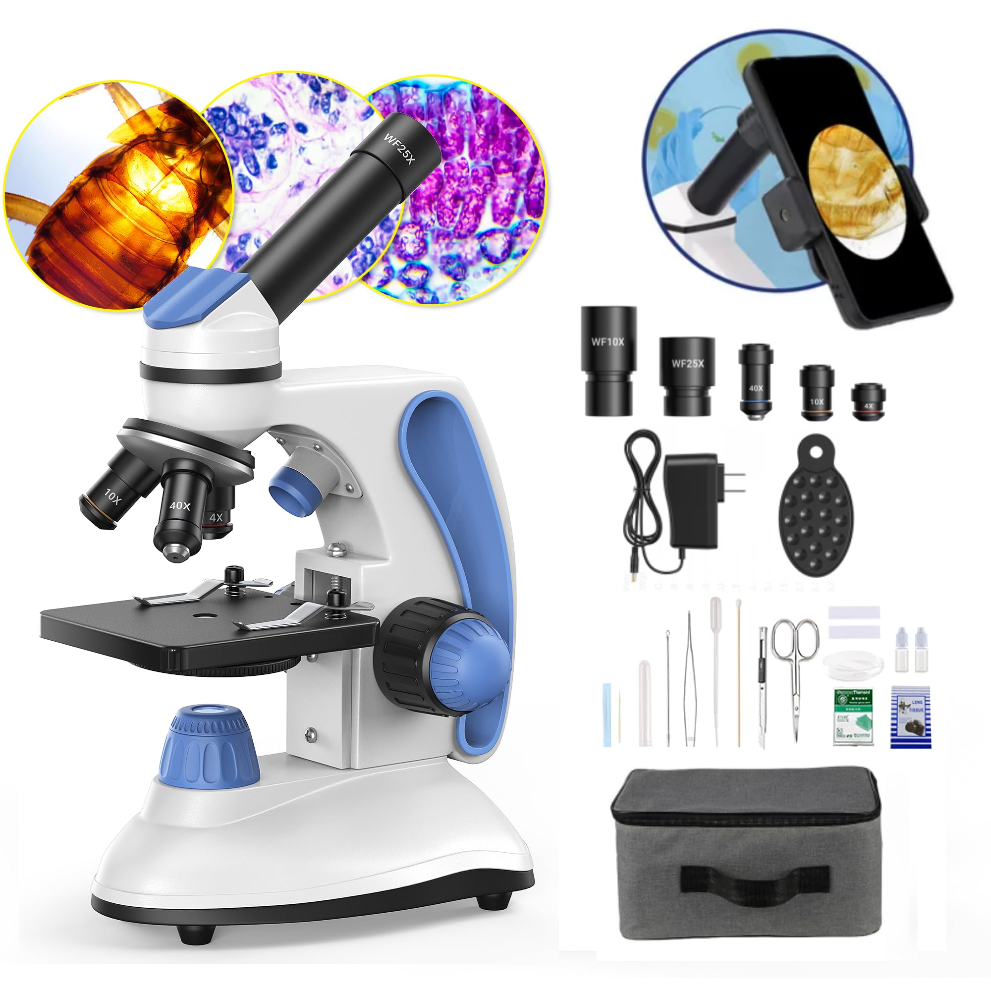 FoKoos Microscope FD10, 40X-1000X with 10pic Slides, Phone Adapter, Dual LED, Carrying Case, Binocular Compound Monocular Microscope kit for Kids Adults Students, Science School Lab Home Education