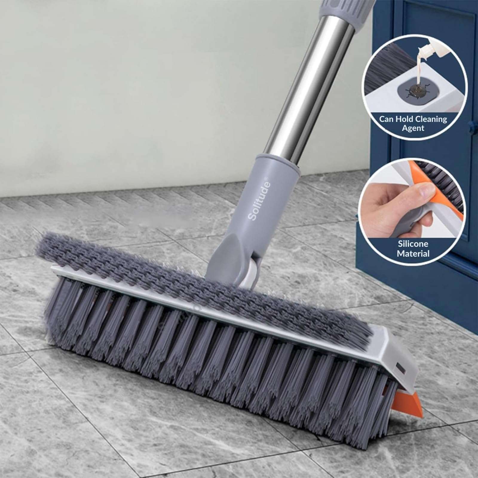 Solitude Heavy Duty 3-in-1 Bathroom Cleaning Brush with Wiper | V-Shaped Bristles, 180° Rotating Head, Long Handle Cleaning Tool | Floor Scrub Brush for Tiles, Wall, Toilet Corners, Glass & Kitchen 4