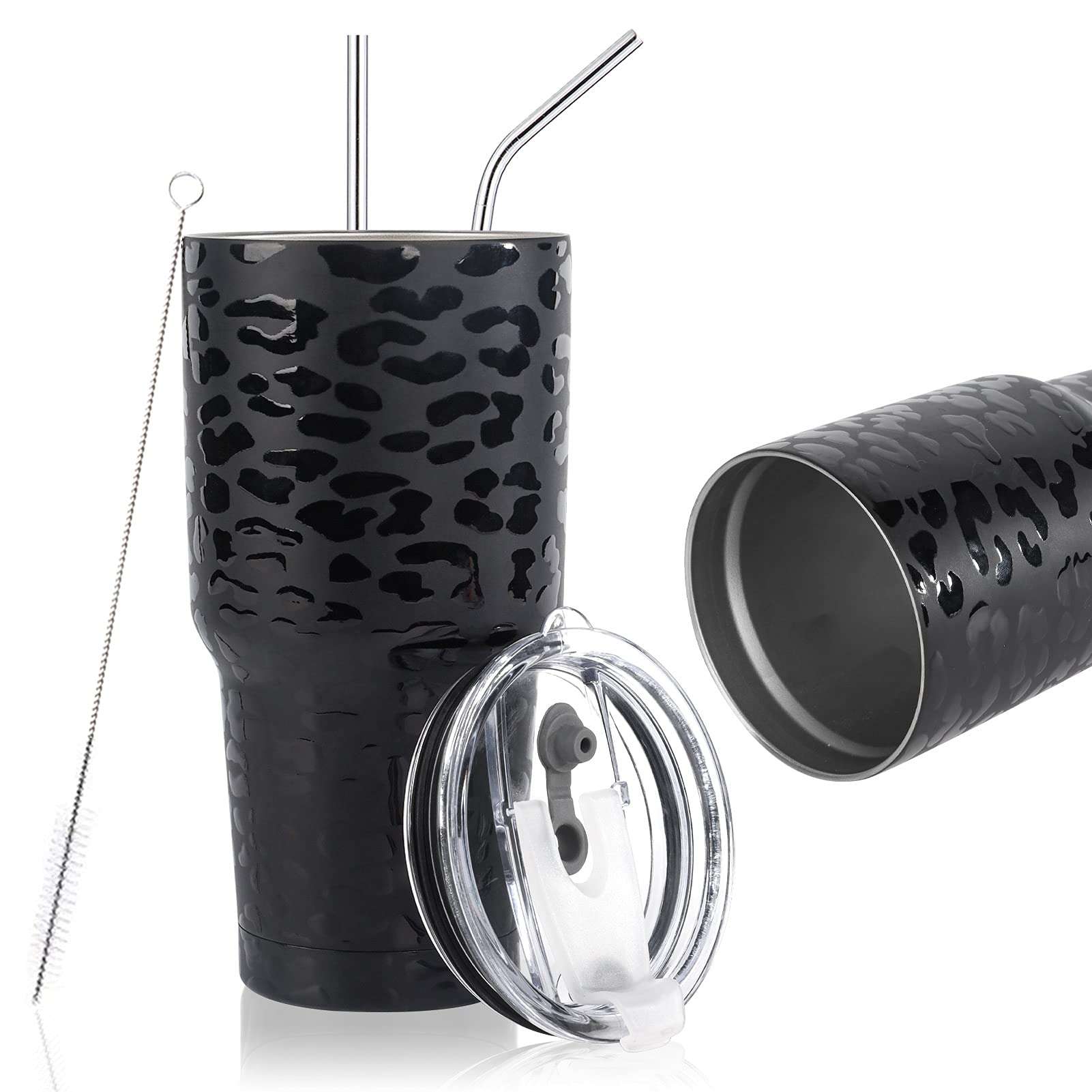 D·S 30oz Black Leopard Tumbler Stainless Steel Insulated Travel Mug with Straw Lid Cleaning Brush 2