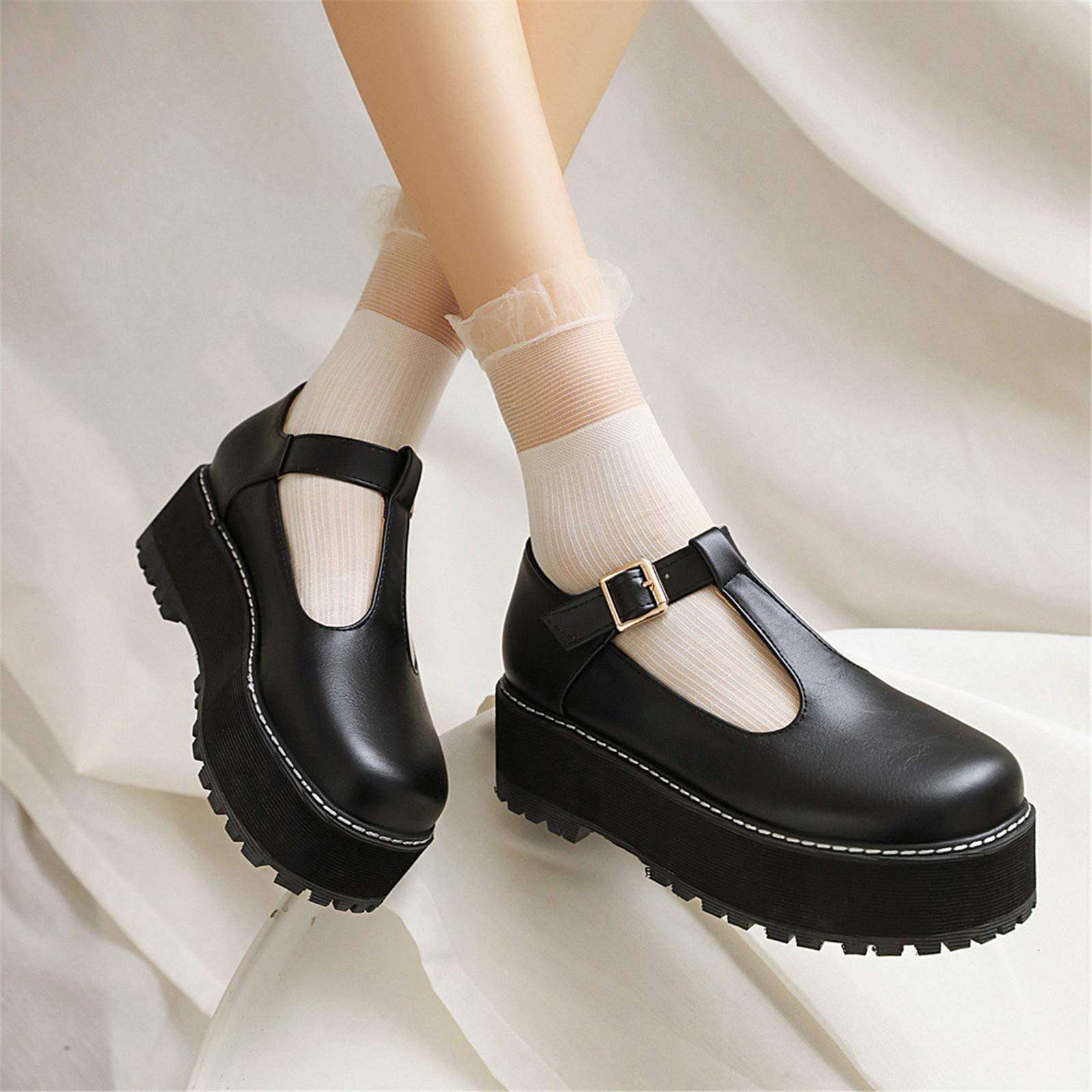 MSKFZEK Platform Mary Janes Shoes Women, Round Toe Gothic Black Lolita Shoes Chunky Heel Ankle Strap Uniform Dress Pumps 5