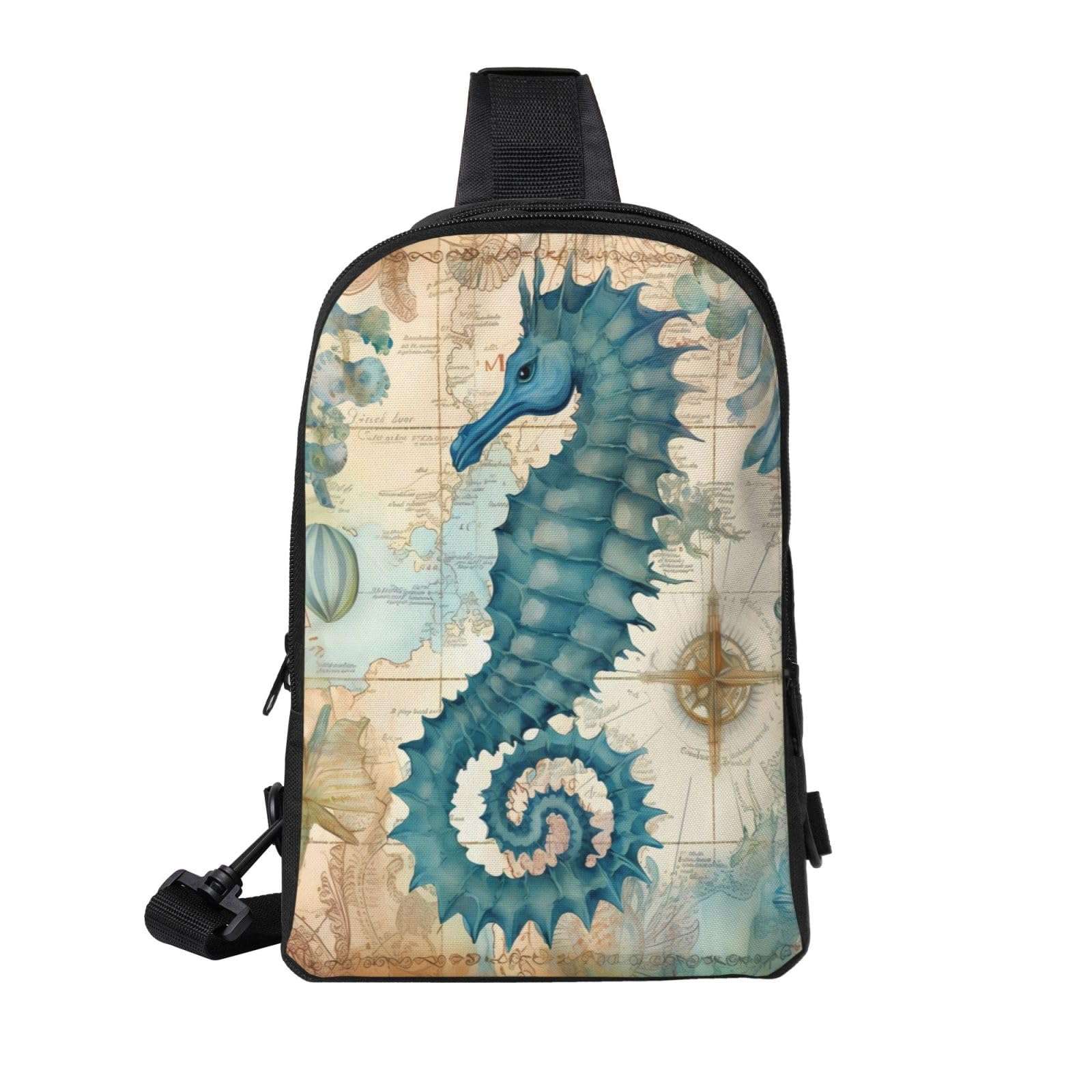 Seahorse Compass Map Casual Crossbody Backpack Sea Animals Sling Bag Lightweight Chest Bag Daypack Adjustable Shoulder Bag For Men Women Travel Hiking Outdoor 4