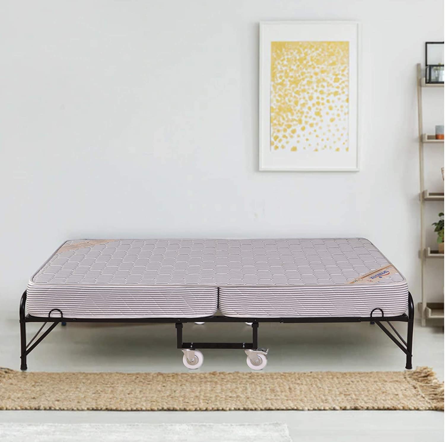 Springtek Rollaway Foam and Wrought Iron Metal Folding Single Bed with 6-Inch Contemporary Premium Mattress, Lockable Wheels- (Black) 3