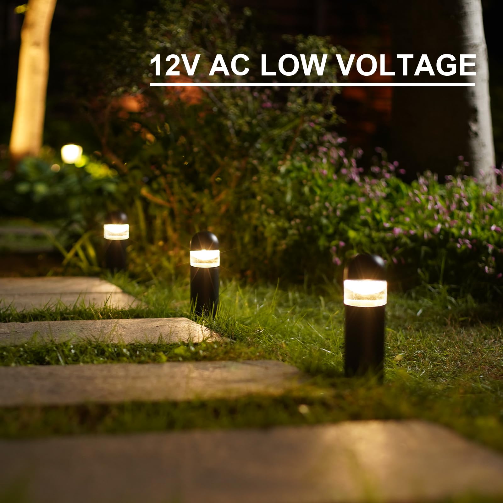 GOODSMANN Landscape Lighting 4PK Low Voltage Landscape Lighting 3W 60 Lumen LED Landscape Bollard Lights Outdoor 2700K Warm White Black with Cable Connectors Replaceable LED Bulbs 5