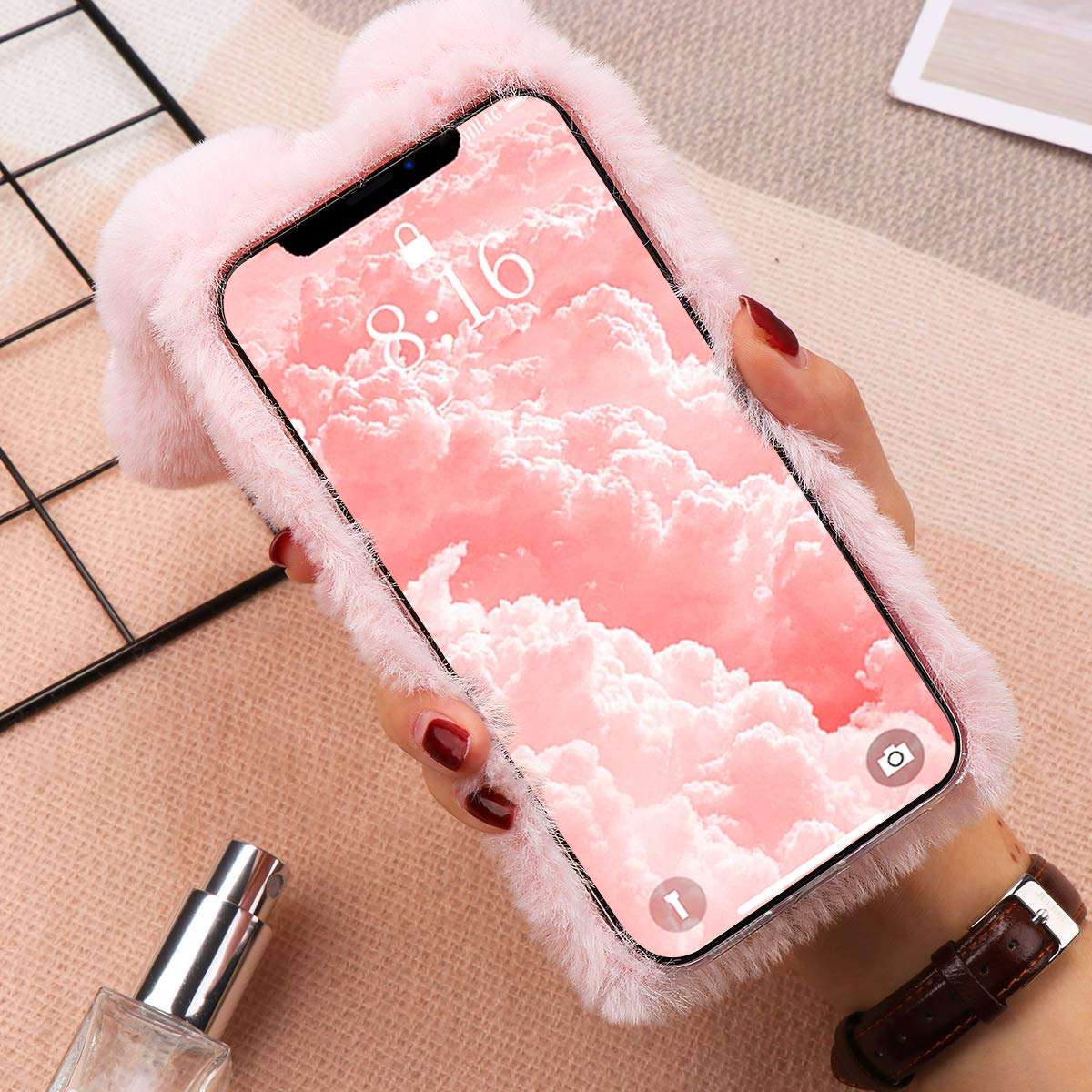 Fluffy Bunny Plush Phone Cover Pink for 11 Pro, Cute Warm Furry Fur Stuff Animal Rabbit Phone Case for Girls, Fashion Woman Protective Cover for 11 Pro 5
