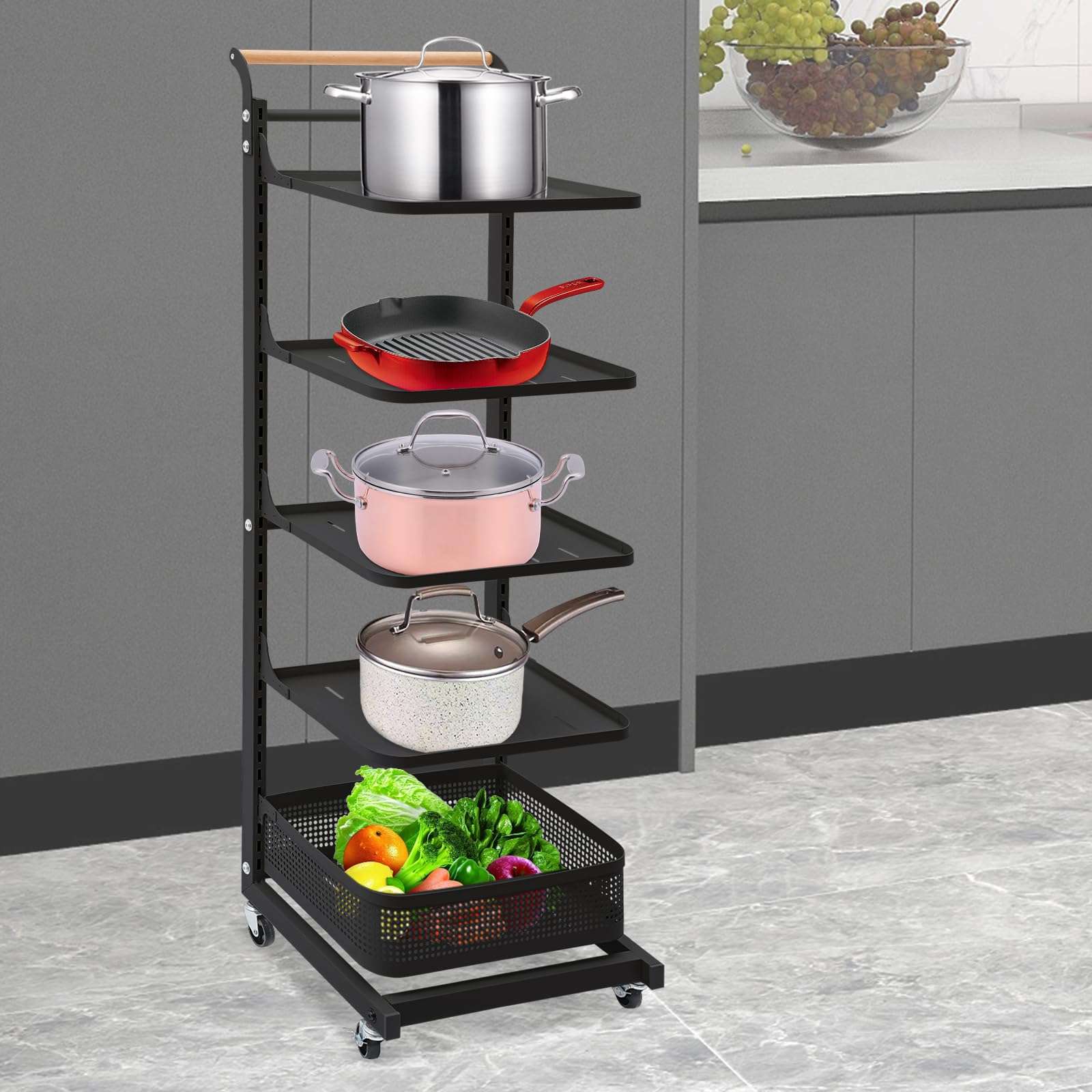 LOYALHEARTDY 5-Tier Storage Cart, Multifunction Utility Rolling Cart Kitchen Storage Organizer, Mobile Shelving Unit Cart with Lockable Wheels for Bathroom, Laundry, Living Room, Gray White 3