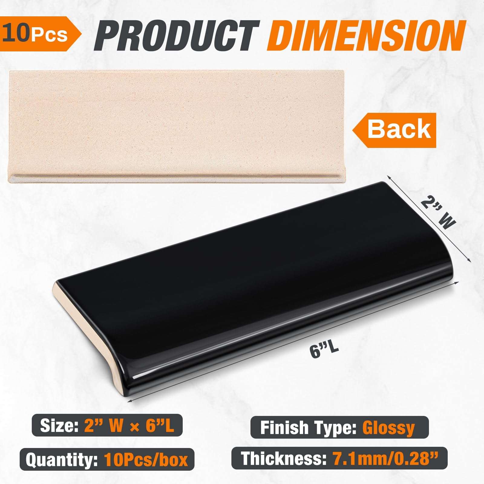 Maasechs 10 Pcs 2 x 6 in Ceramic Tile Bull Nose Trim Edge Glossy Subway Wall Trim Tile for Finishing in Bathroom Kitchen Backsplash and Shower Walls (Single-Sided Arc,Black) 3