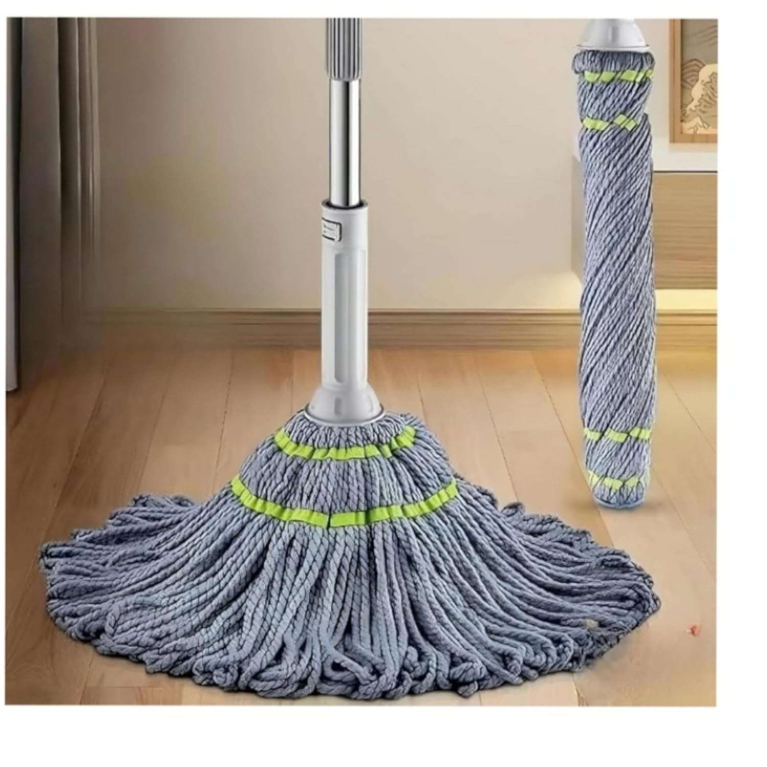 VEDASY INTERNATIONAL Microfiber Twist Mop with Extendable Handle, Grey and Neon Green Stripes, Self-Wringing 1