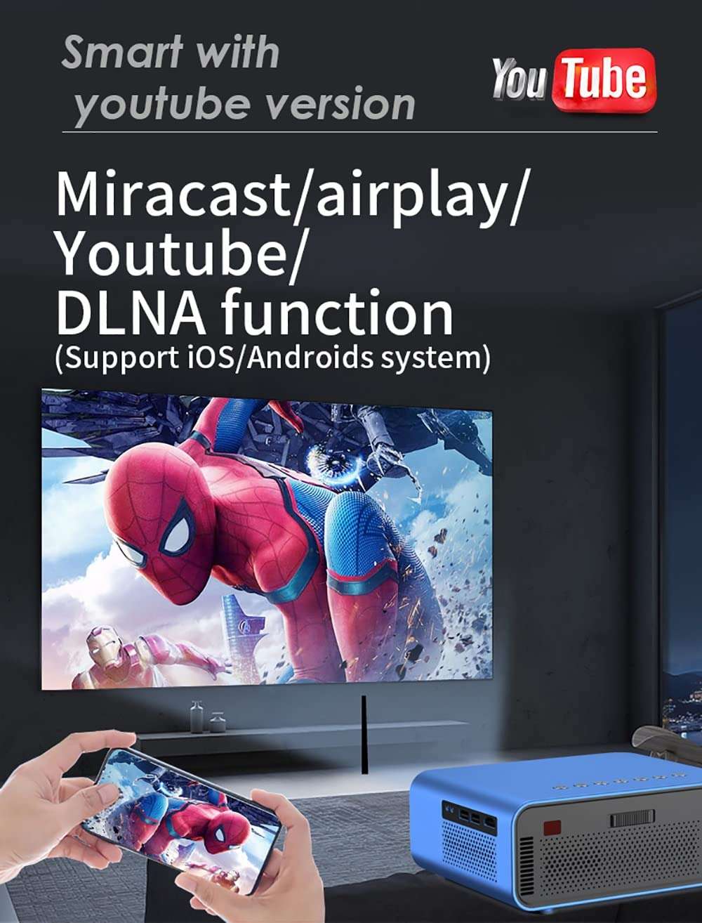 yIXAGLPU T4 Mini Projector 3600 Lumens Support Full 1080P LED Proyector Big Screen Portable Home Theater Smart Video Beamer (Color : D) (E) 6