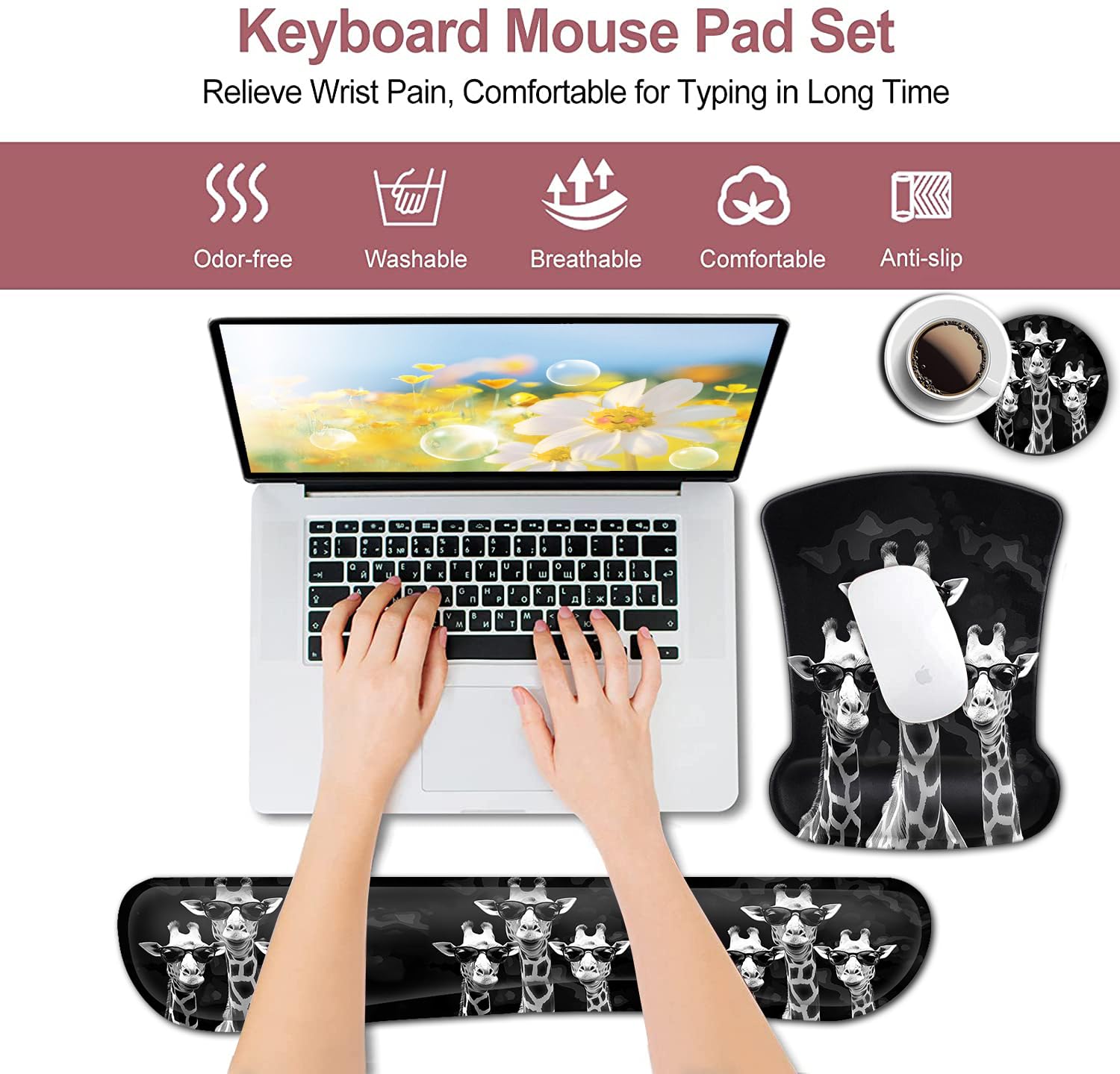 Rectangular Mouse Pad Wrist Protector-Printed with Cool Giraffes, Ergonomically Non-Slip Rubber Comfortable Computer Keyboard Wrist Rest Desktop Decoration Office Accessories Computer Mouse Desk Pad 4