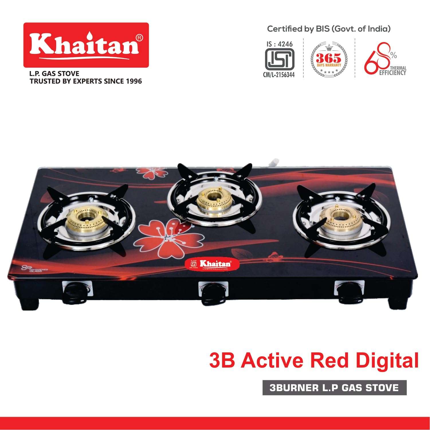 Khaitan 3 Burner Active Red with Brass Burners, Digital Toughened Glass, LPG Cooktop, Manual Ignition, Gas Stove, 1 Year Warranty, ISI Approved 3