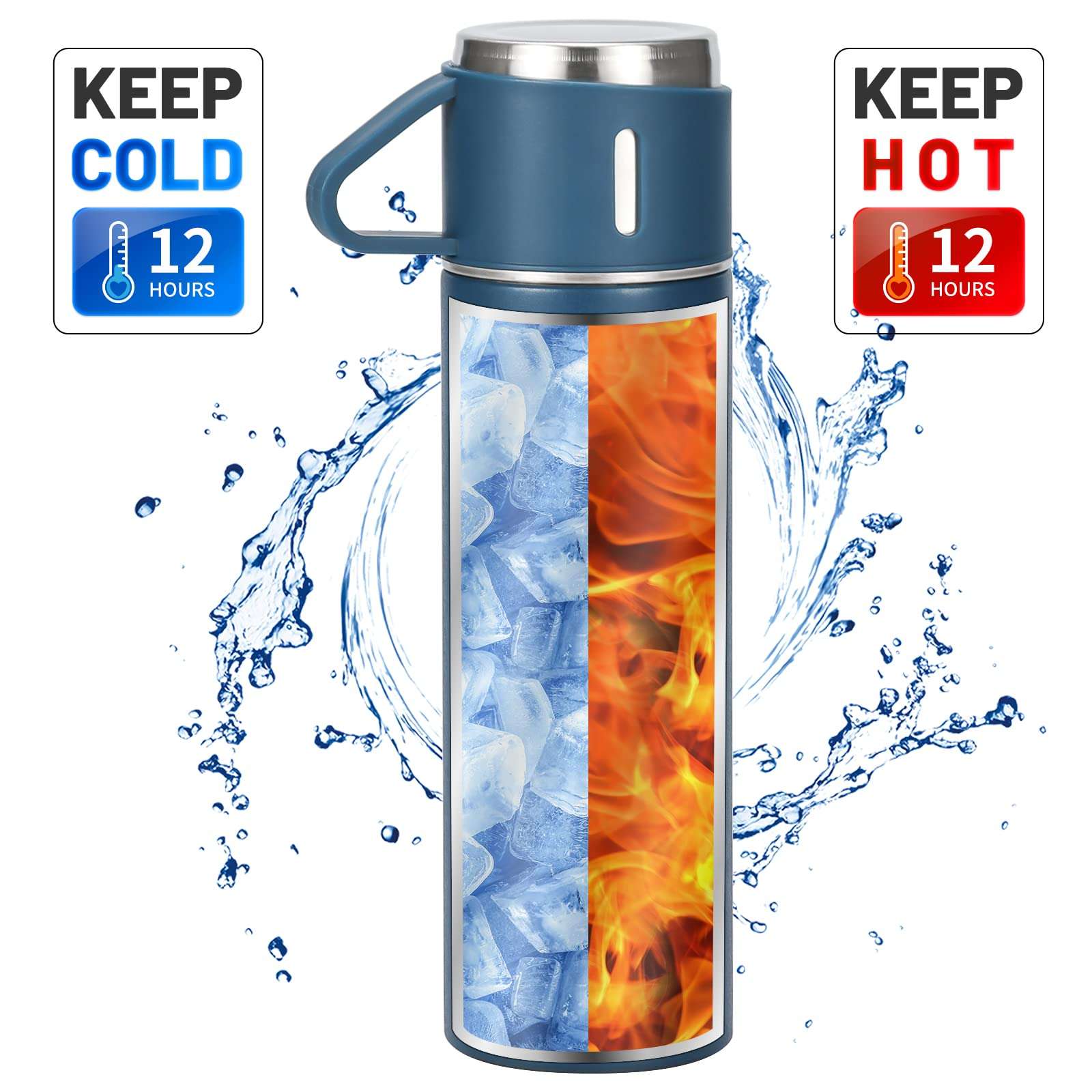 MUCR 500ml/17 OZ Stainless Steel Coffee Thermo Vacuum Flask Set, Insulated Water Bottle with Three Cup for Hot and Cold Drinks, Blue 5