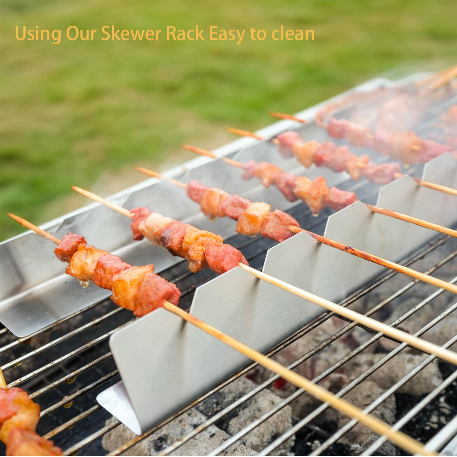 4 Pcs Stainless Steel Skewer Holders Set, Shish Kabob Rack for Grilling, 12 Inch Metal Kabob holder Grill Accessories for Even Cooking, BBQ Rack Compatible with Metal, Bamboo, Wood, Flat Skewers 5