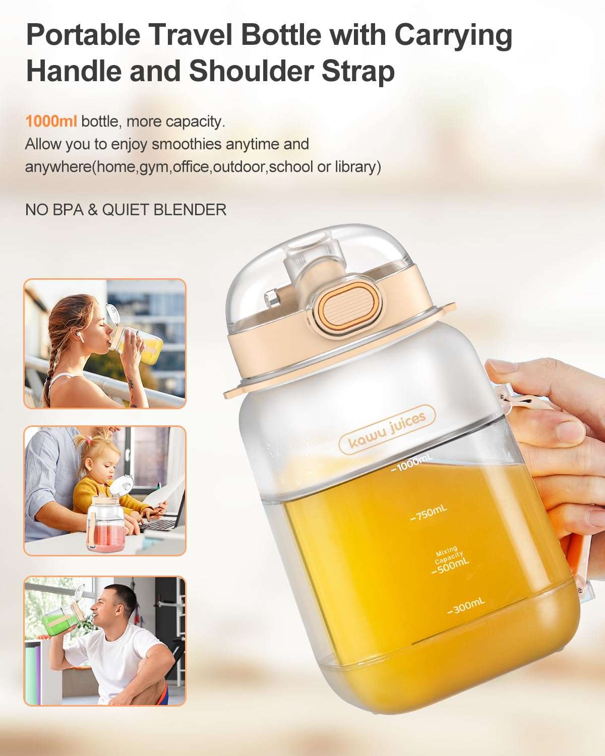 kawu Portable Blender, Portable Smoothie Blender On the Go, No-BPA, Portable Blenders for Shakes and Smoothies Leakproof-Lid and Sip Spout, USB-C Rechargeable, Recipes, with Handle/Strap, White 5