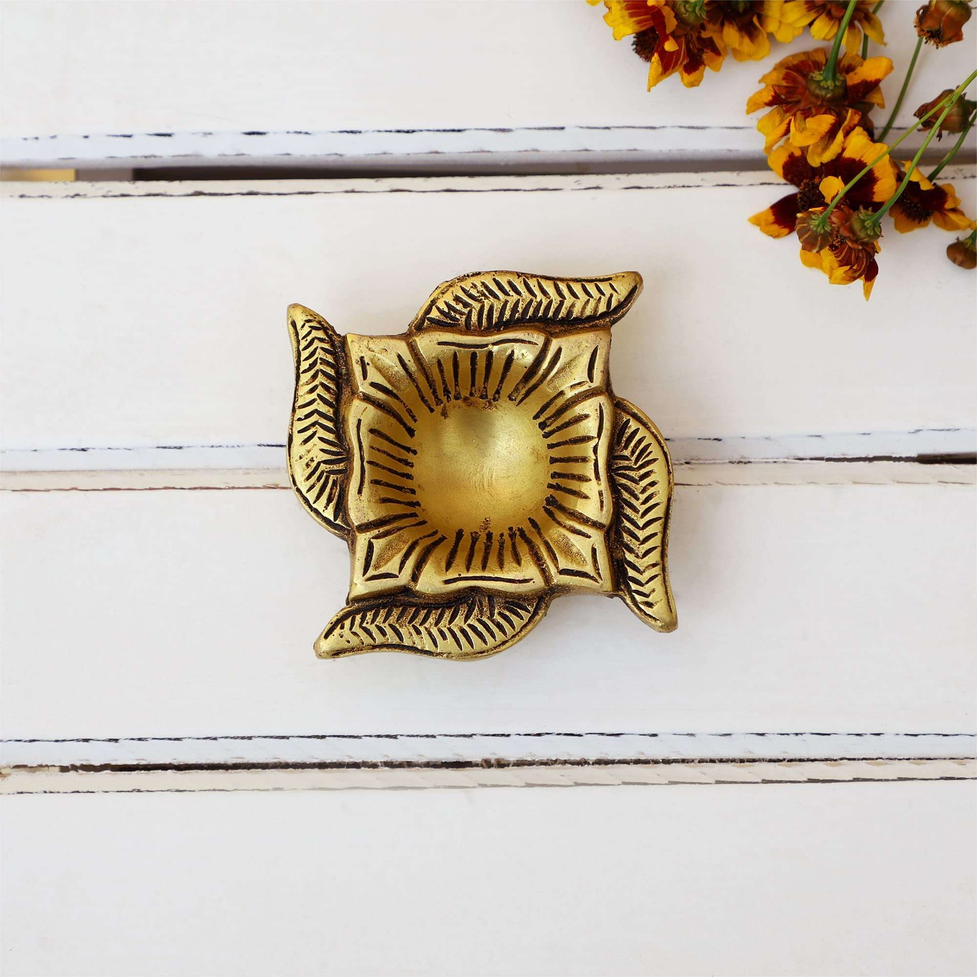 Jaszz Art Brass Diya (4 inches and 200g) Swastik Ethnic Design Handmade Curved Oil Wick Antique Kuber Deepak Lamp for Home Decor Temple Puja Office Counter Decoration Festival Gift (Pack of 2) 3